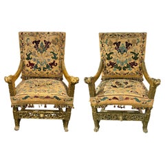 Pair of Baroque Style Giltwood & Embroidered Arm Chairs from The Fortress, NY