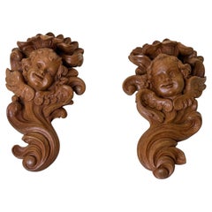 Pair of Baroque Style Hand-Carved Cherub Wall Sconces, European Alpine Spruce