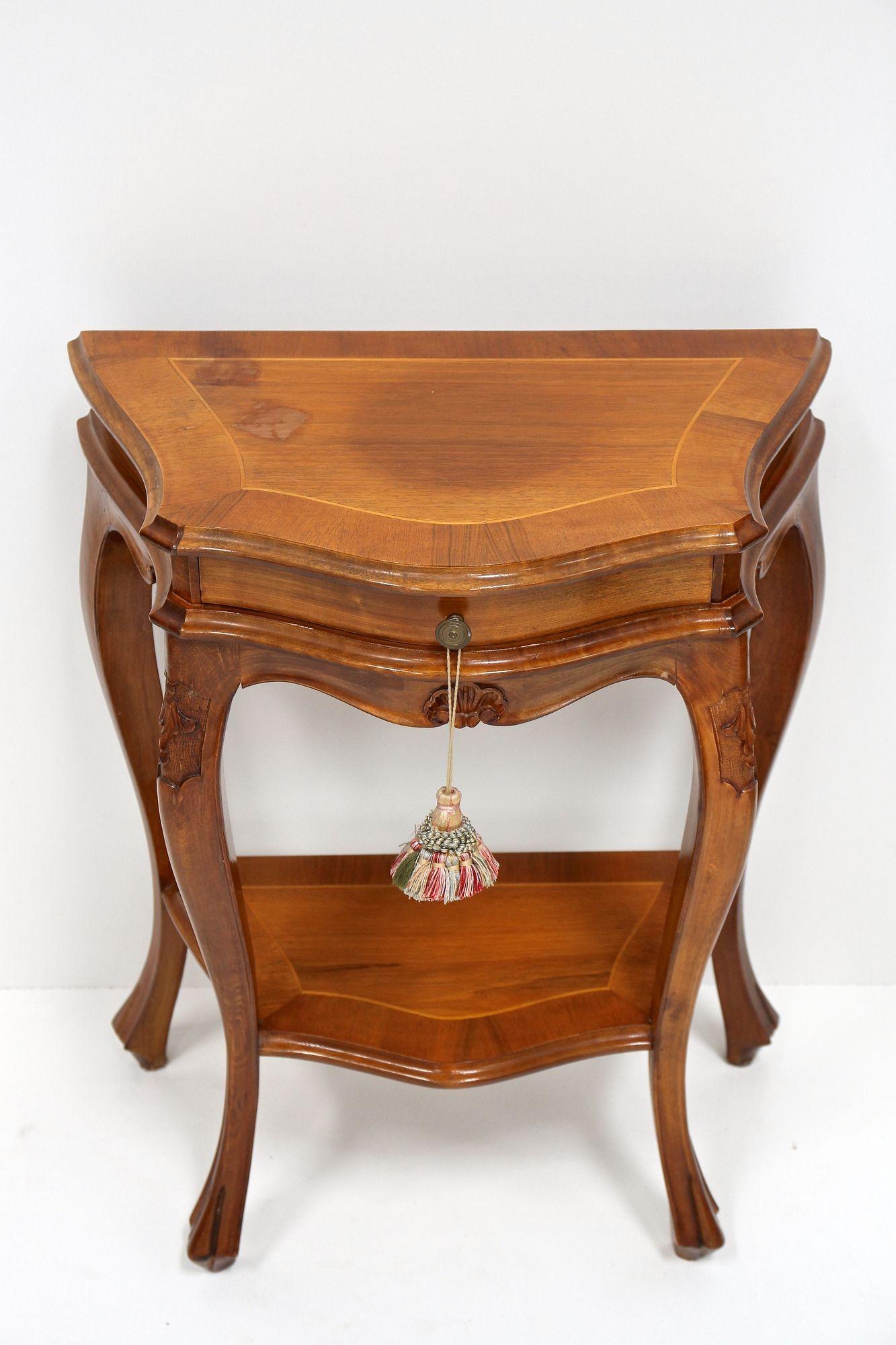 Pair Of Baroque Style Nightstands/ Console Tables, Nutwood Carved, IT ca. 1950 For Sale 5