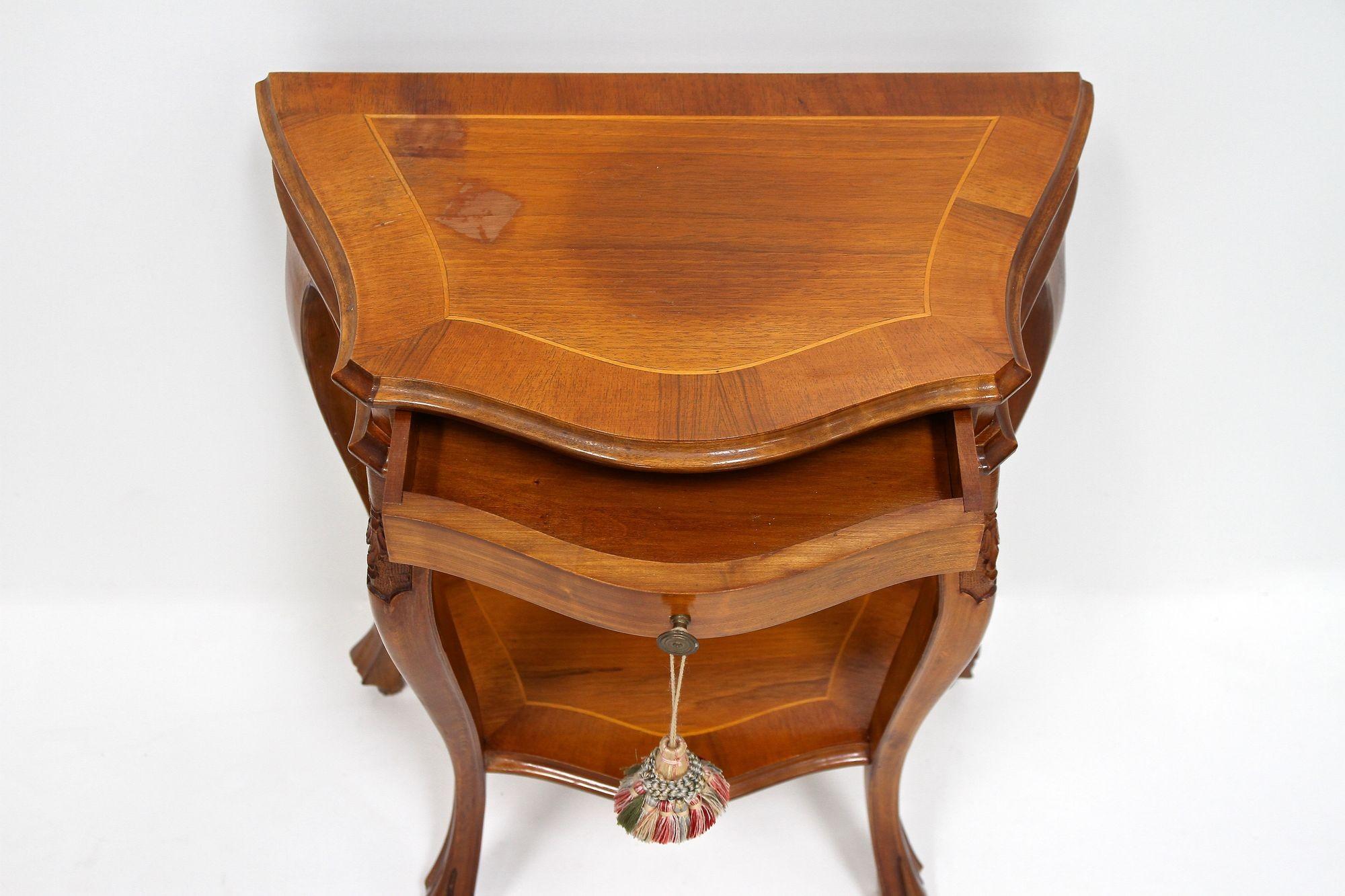 Pair Of Baroque Style Nightstands/ Console Tables, Nutwood Carved, IT ca. 1950 For Sale 7