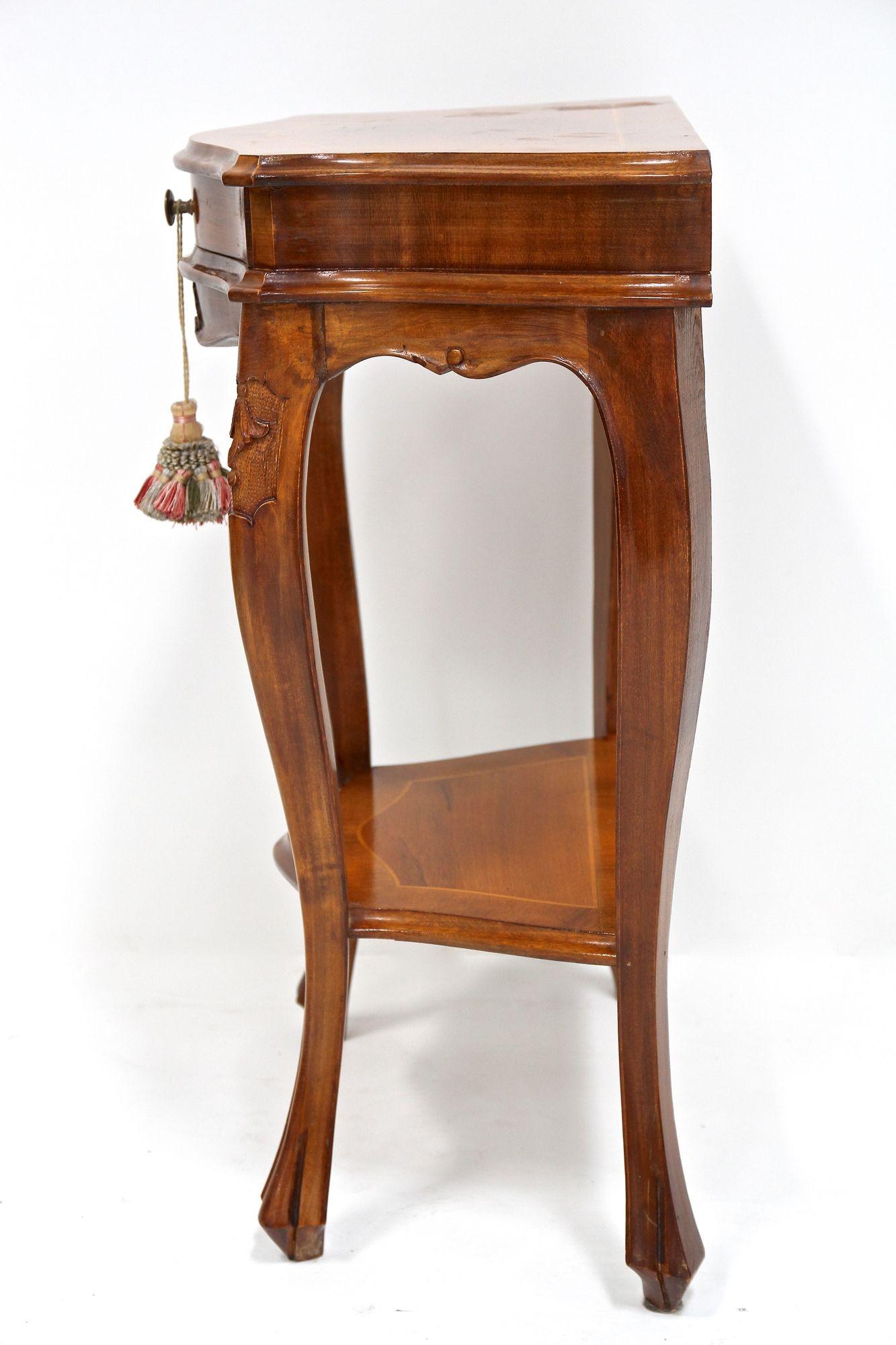 Pair Of Baroque Style Nightstands/ Console Tables, Nutwood Carved, IT ca. 1950 For Sale 9
