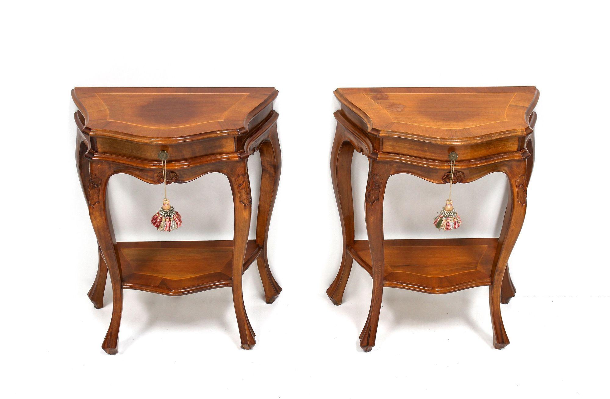 Italian Pair Of Baroque Style Nightstands/ Console Tables, Nutwood Carved, IT ca. 1950 For Sale