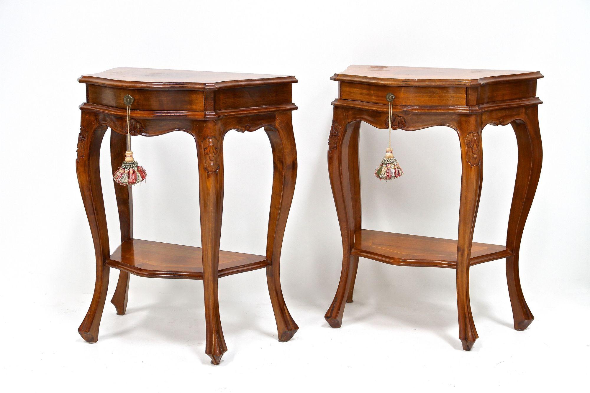 Hand-Carved Pair Of Baroque Style Nightstands/ Console Tables, Nutwood Carved, IT ca. 1950 For Sale