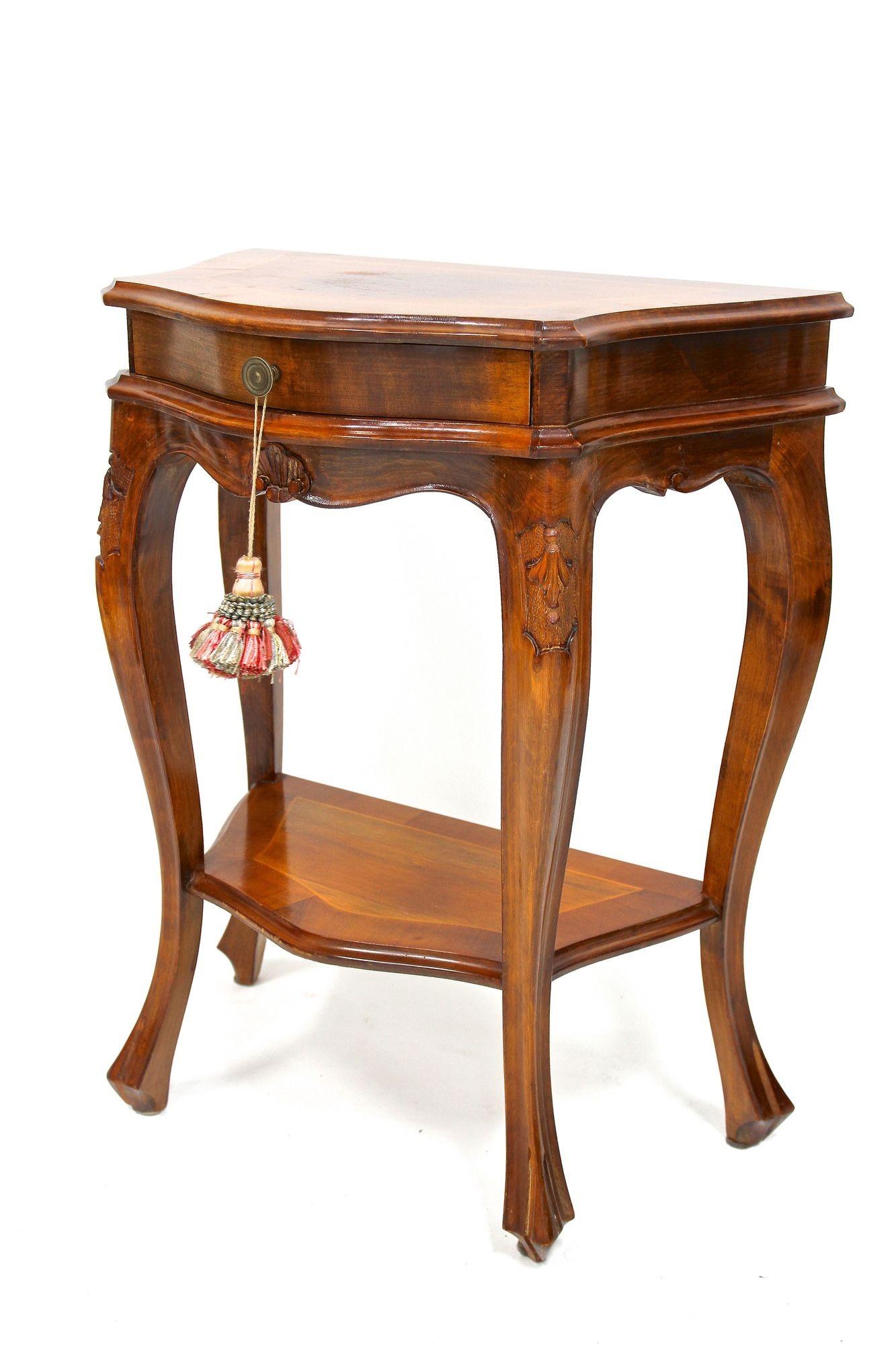 20th Century Pair Of Baroque Style Nightstands/ Console Tables, Nutwood Carved, IT ca. 1950 For Sale