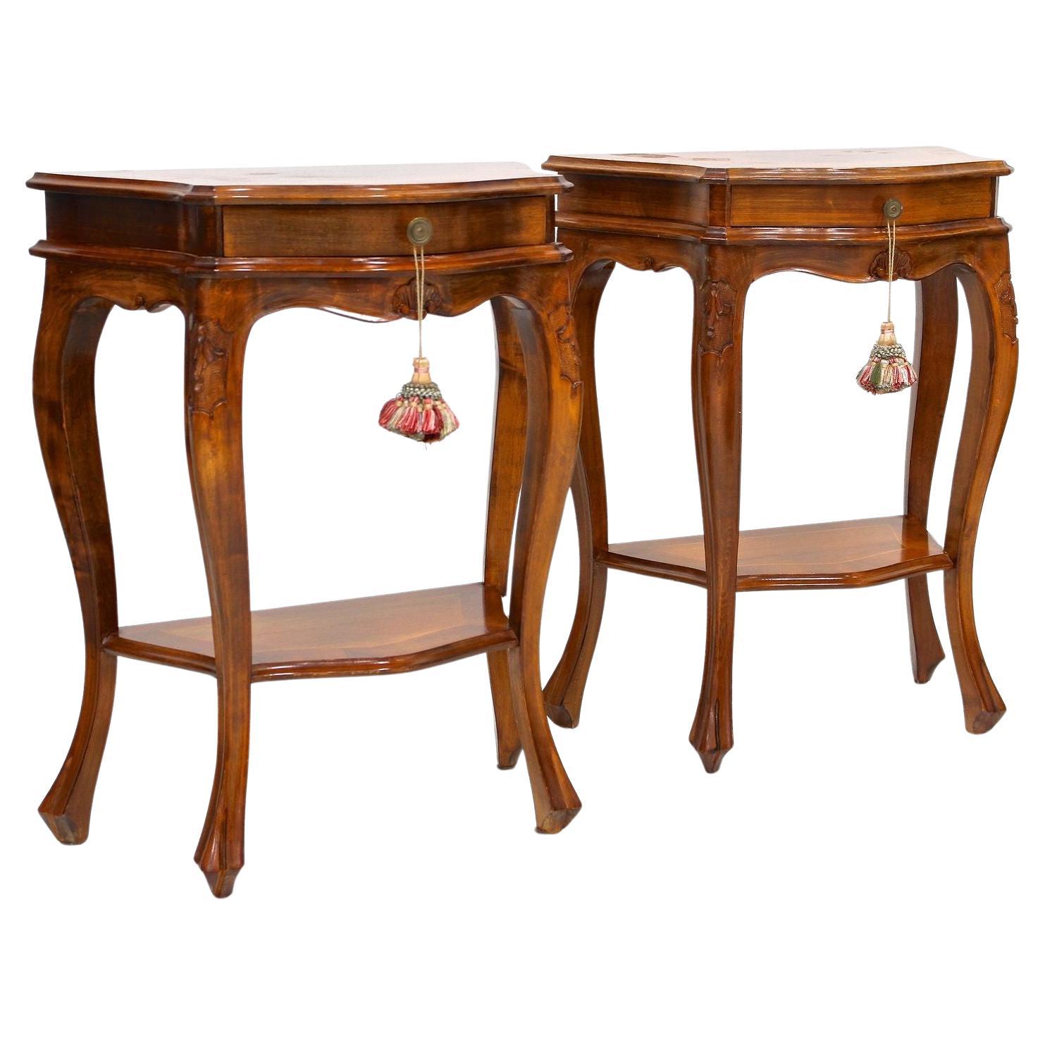 Pair Of Baroque Style Nightstands/ Console Tables, Nutwood Carved, IT ca. 1950 For Sale