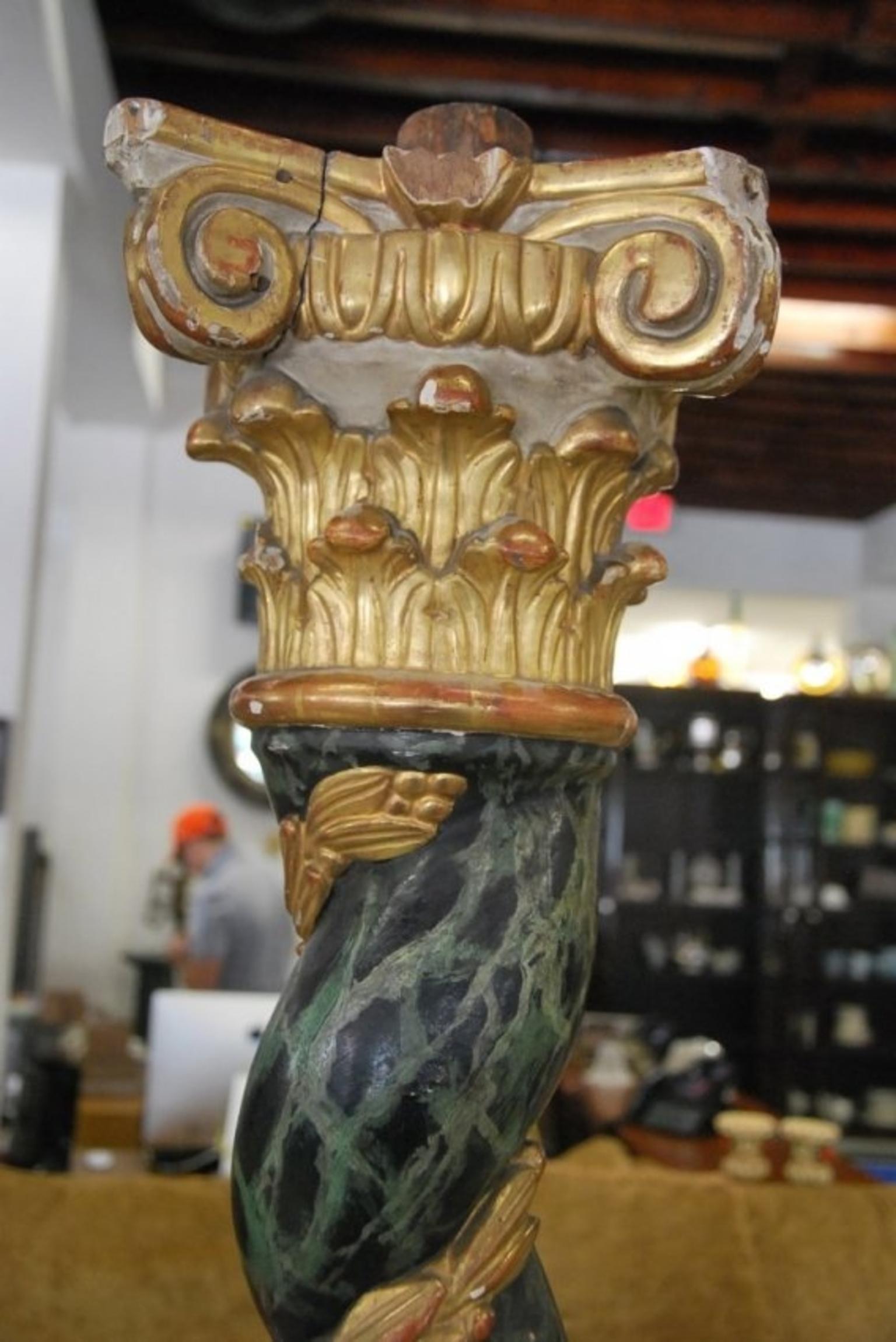 Pair of Baroque Style Spiral Carved Parcel Gilt and Faux Marble Columns In Fair Condition In West Palm Beach, FL
