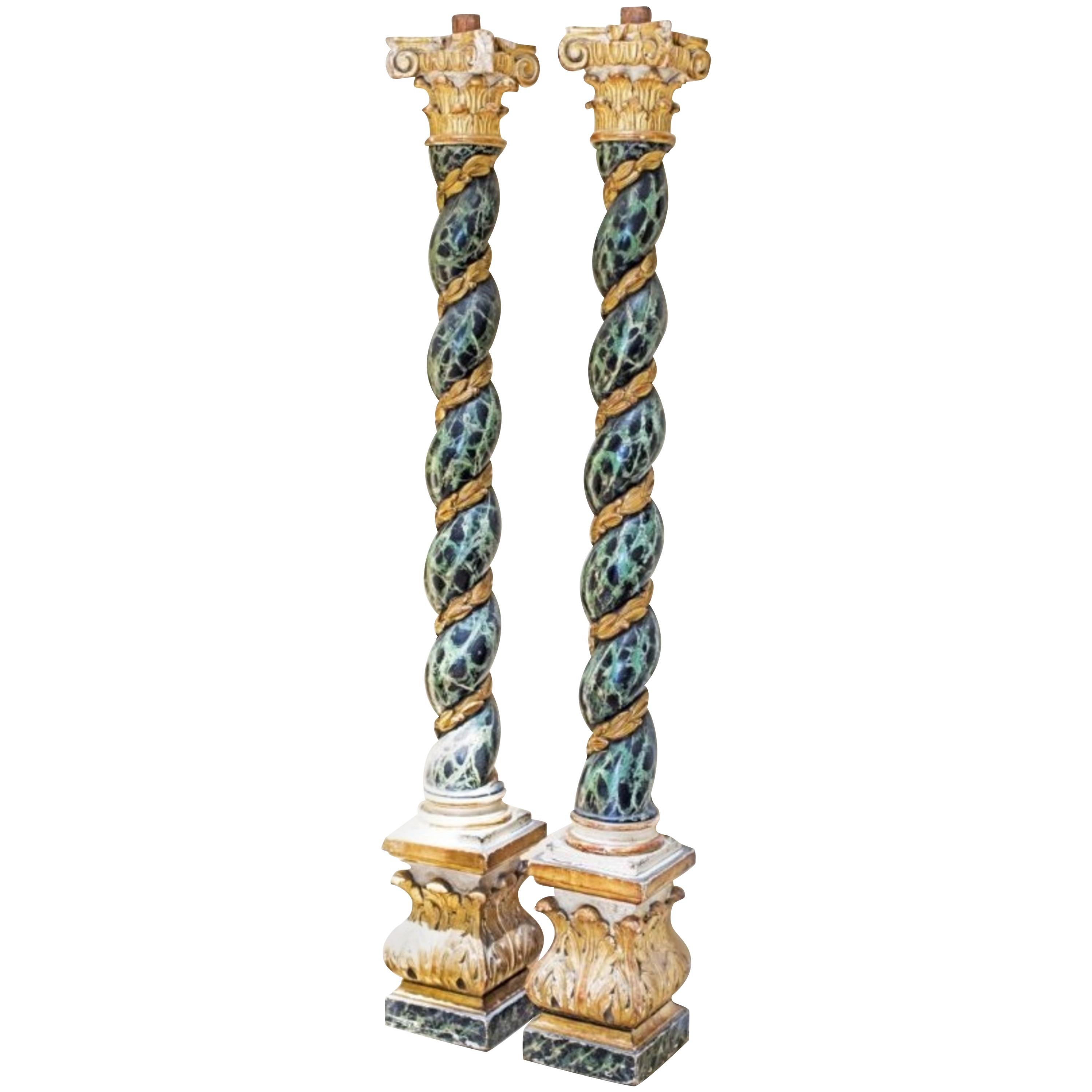 Pair of Baroque Style Spiral Carved Parcel Gilt and Faux Marble Columns