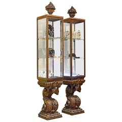 Pair of Baroque Style Vertical Vitrine Cabinets on Figural Bases