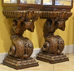 Pair of Baroque Style Vertical Vitrine Cabinets on Figural Bases