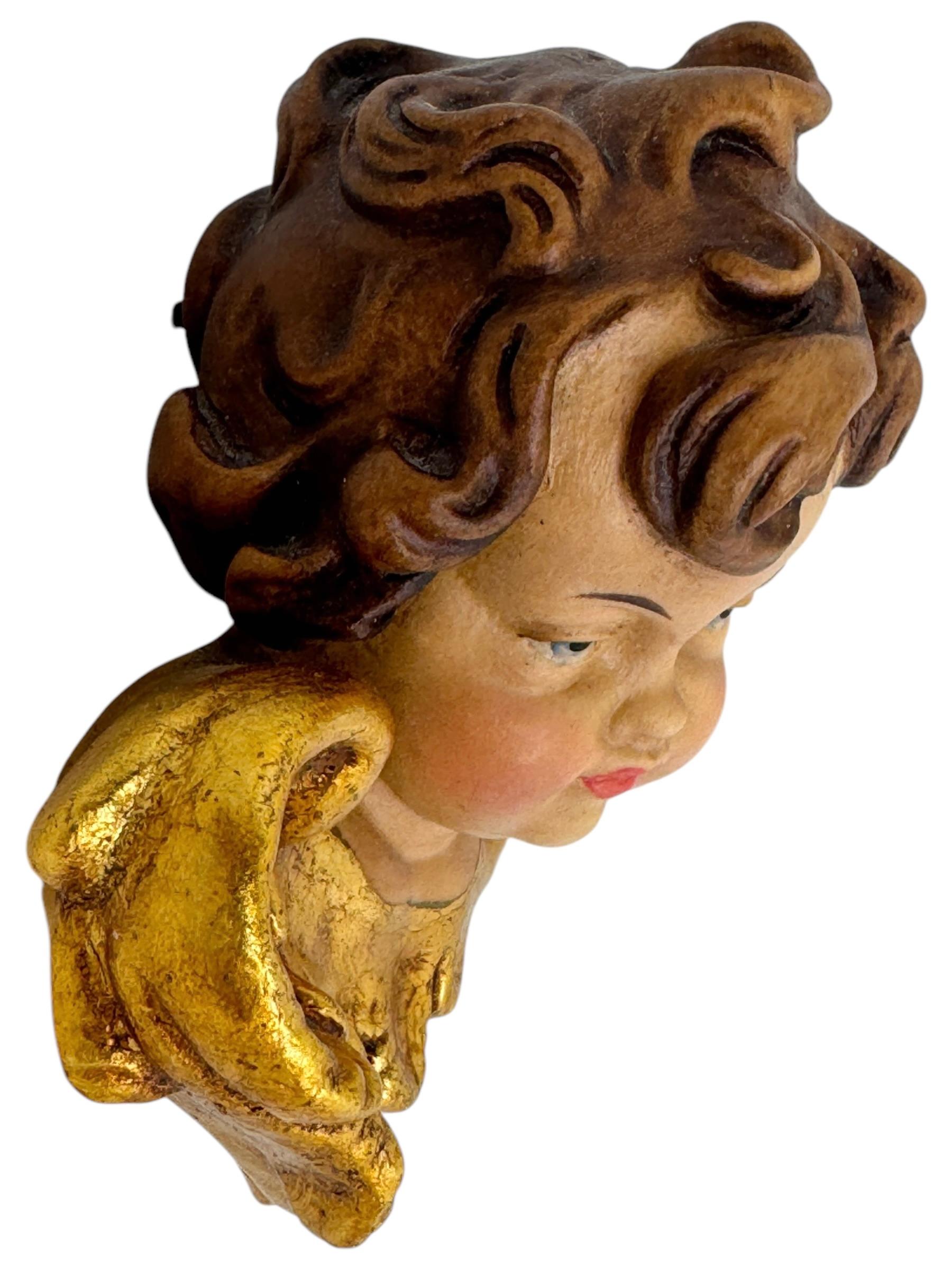 Pair of Baroque Style Wood Carved Cherub Angel Heads, Vintage Anri Italy, 1970s For Sale 4