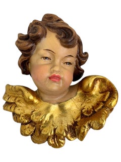 Pair of Baroque Style Wood Carved Cherub Angel Heads, Vintage Anri Italy, 1970s