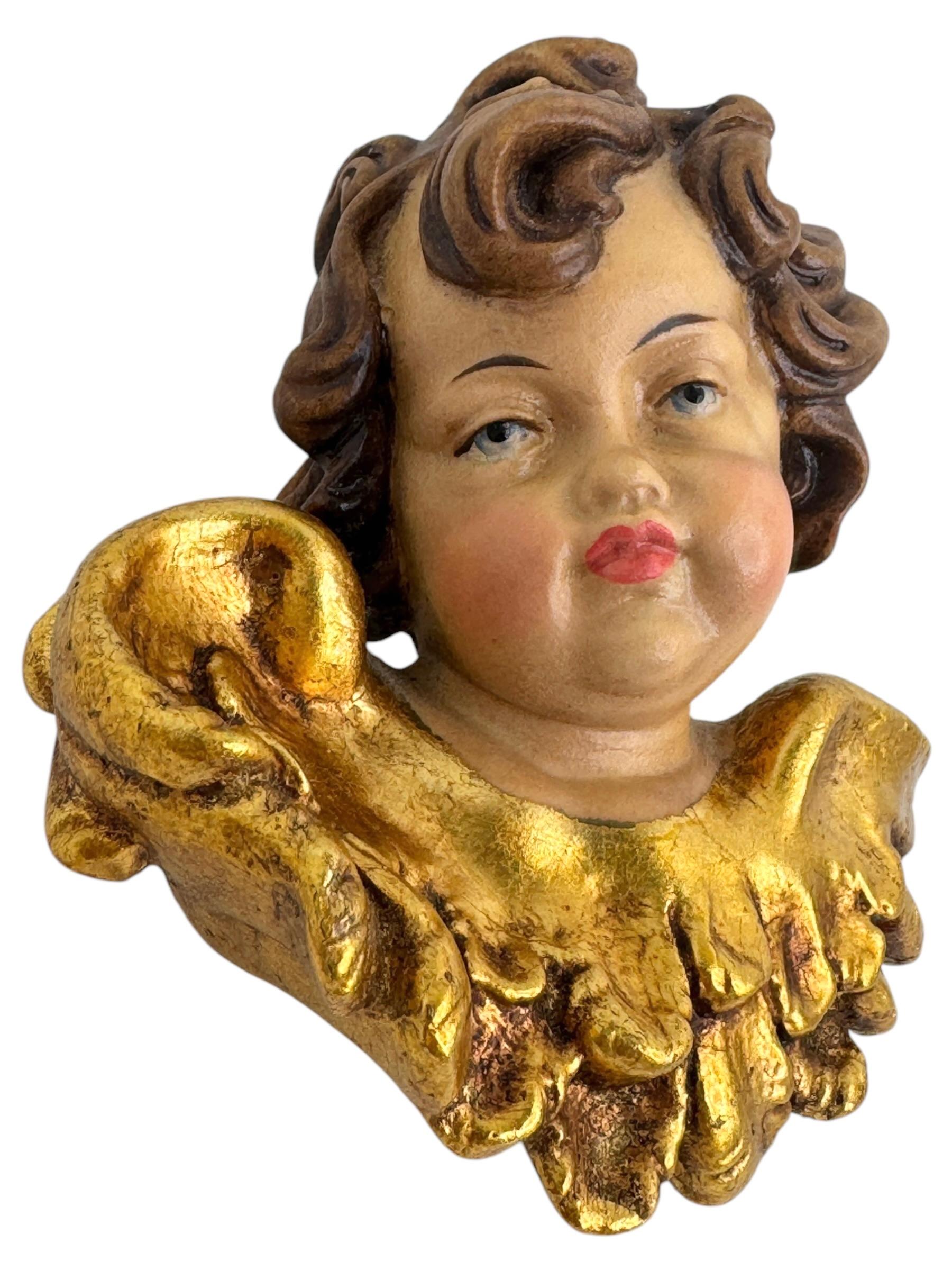 Pair of Baroque Style Wood Carved Cherub Angel Heads, Vintage Anri Italy, 1970s For Sale 1