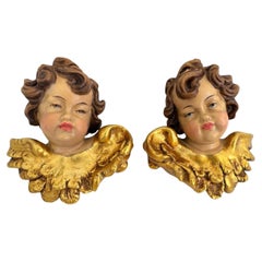 Pair of Baroque Style Wood Carved Cherub Angel Heads, Vintage Anri Italy, 1970s
