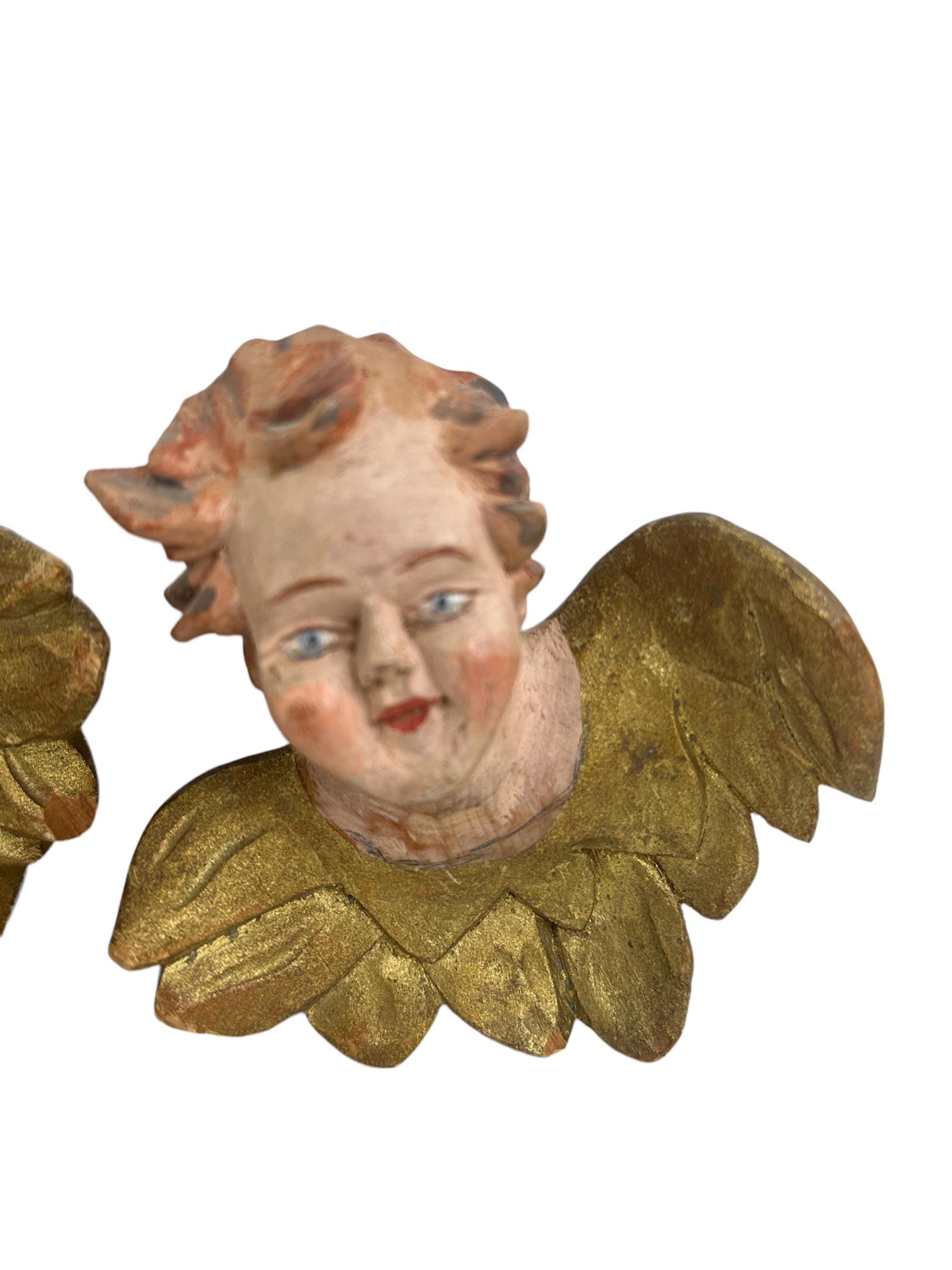 Hand-Carved Pair of Baroque Style Wood Carved Cherub Angel Heads, Vintage German, 1890s For Sale