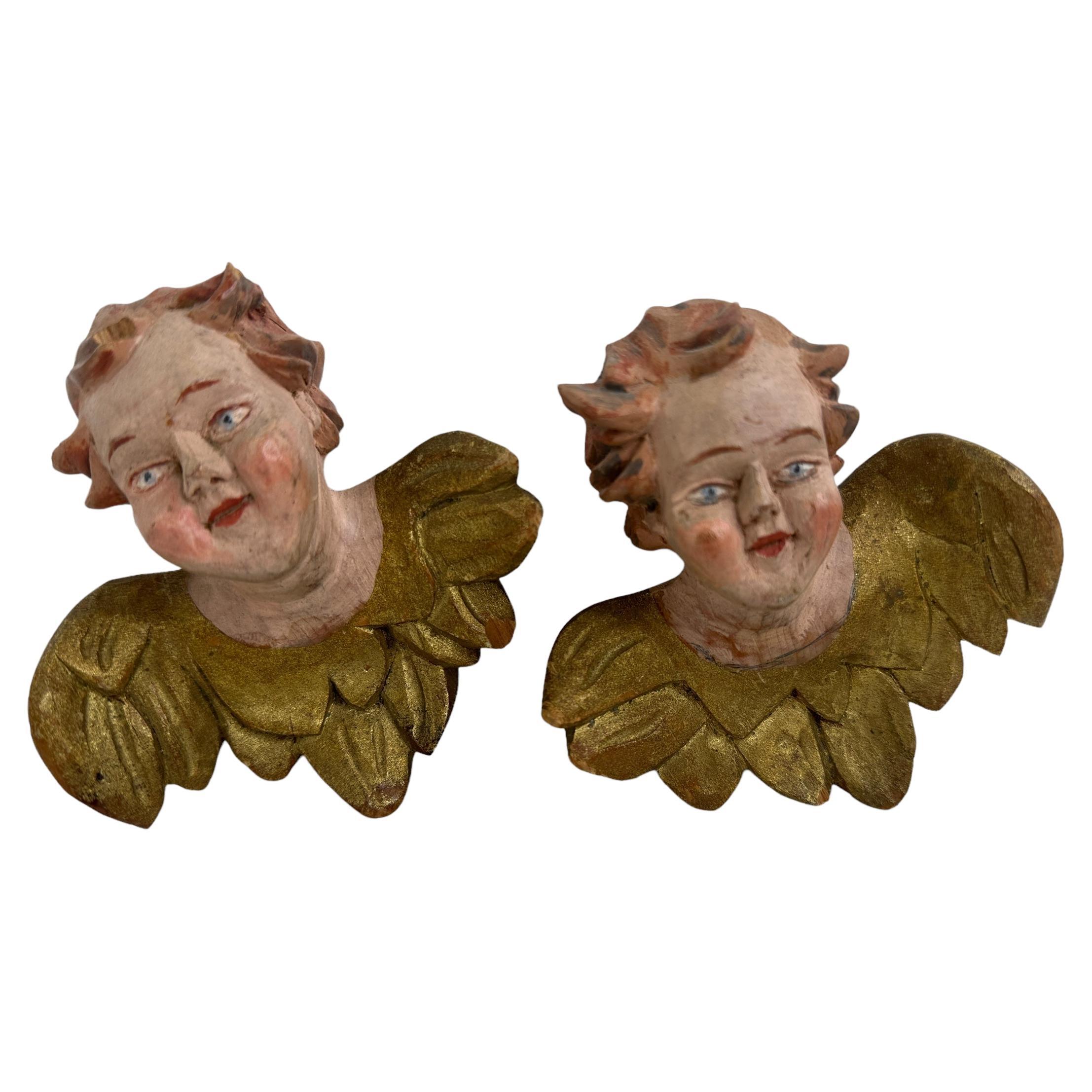 Pair of Baroque Style Wood Carved Cherub Angel Heads, Vintage German, 1890s For Sale