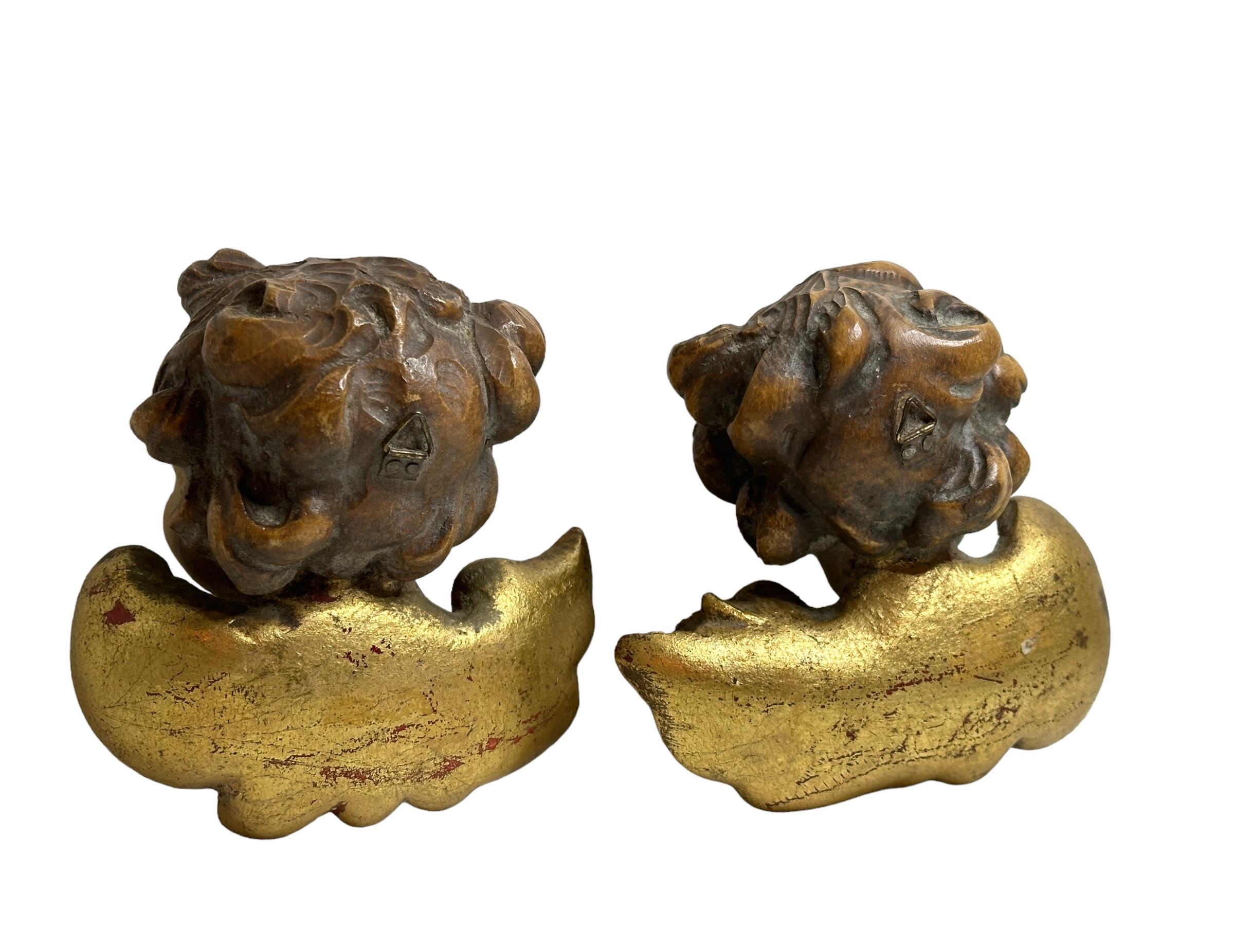 Mid-20th Century Pair of Baroque Style Wood Carved Cherub Angel Heads, Vintage German, 1930s For Sale