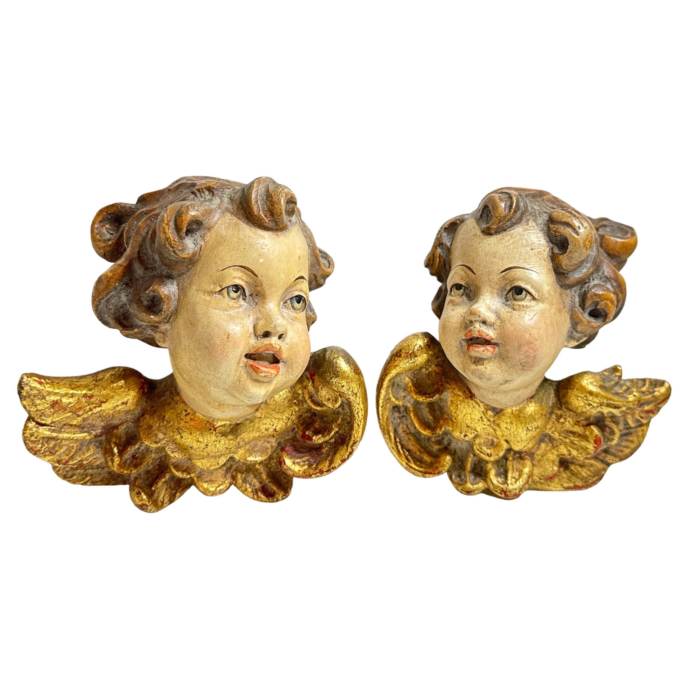 Pair of Baroque Style Wood Carved Cherub Angel Heads, Vintage German, 1930s For Sale