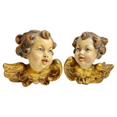 Pair of Baroque Style Wood Carved Cherub Angel Heads, Vintage German, 1930s