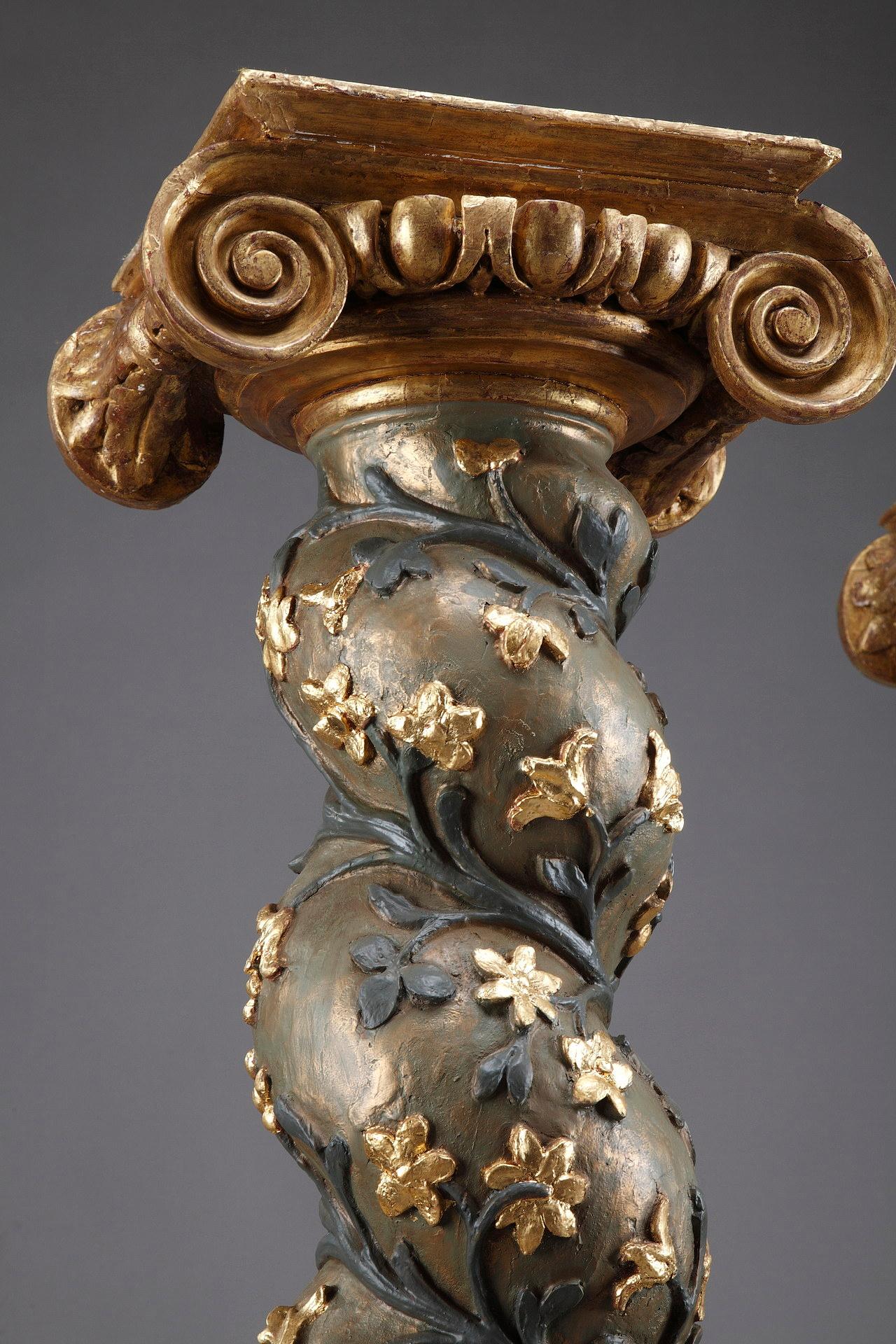 Gilt Pair of Baroque Twisted Columns, 17th Century For Sale