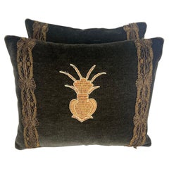 Pair of Baroque Velvet Pillows, Metallic Embroidery, Silk Backs, USA