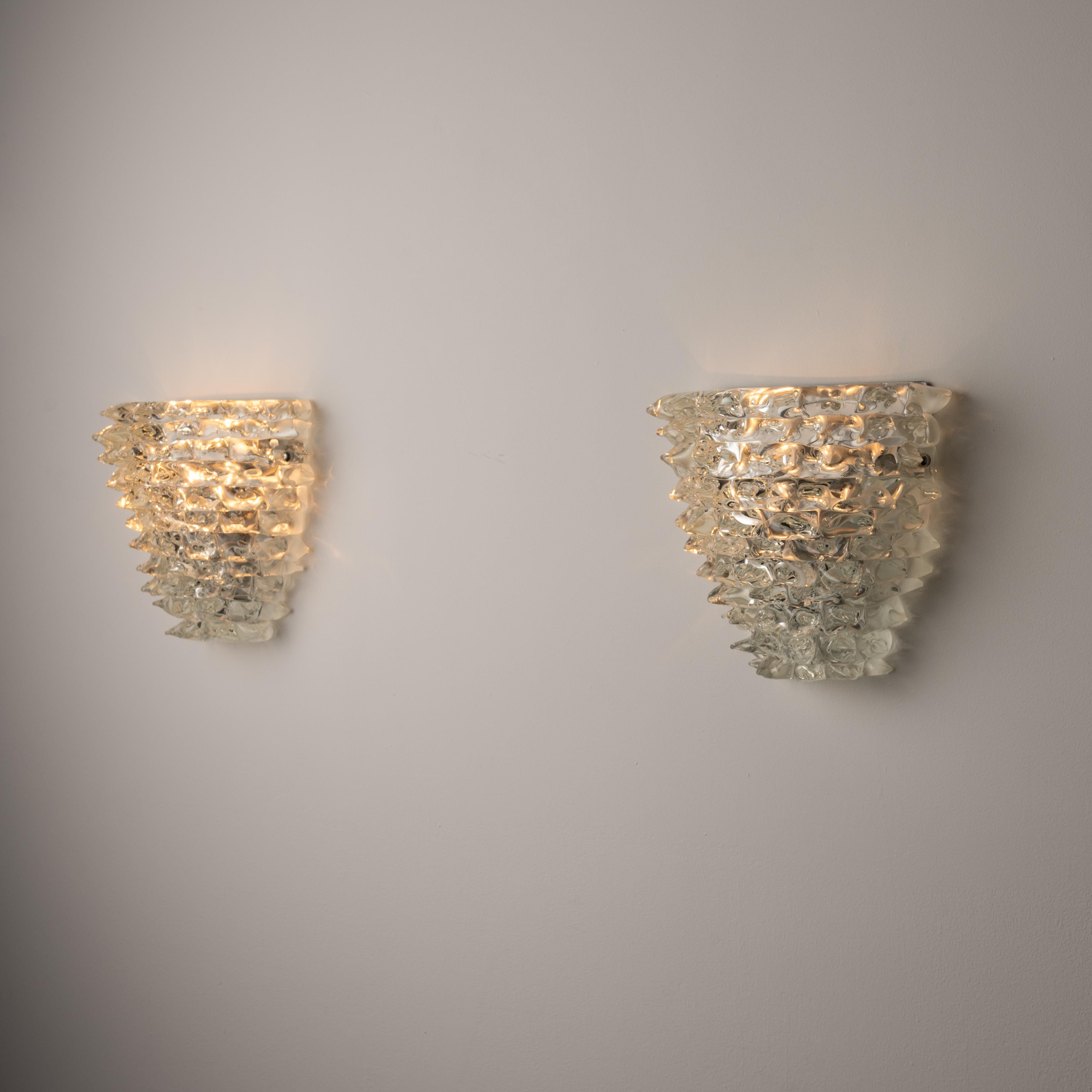 Barovier and Toso Murano Glass Sconces. Designed and manufactured in Italy, circa the 1940s. All Murano glass comprising of rounded formed spikes throughout the entire exposed structure. The lamp comprises of two E14 socket types, adapted for the