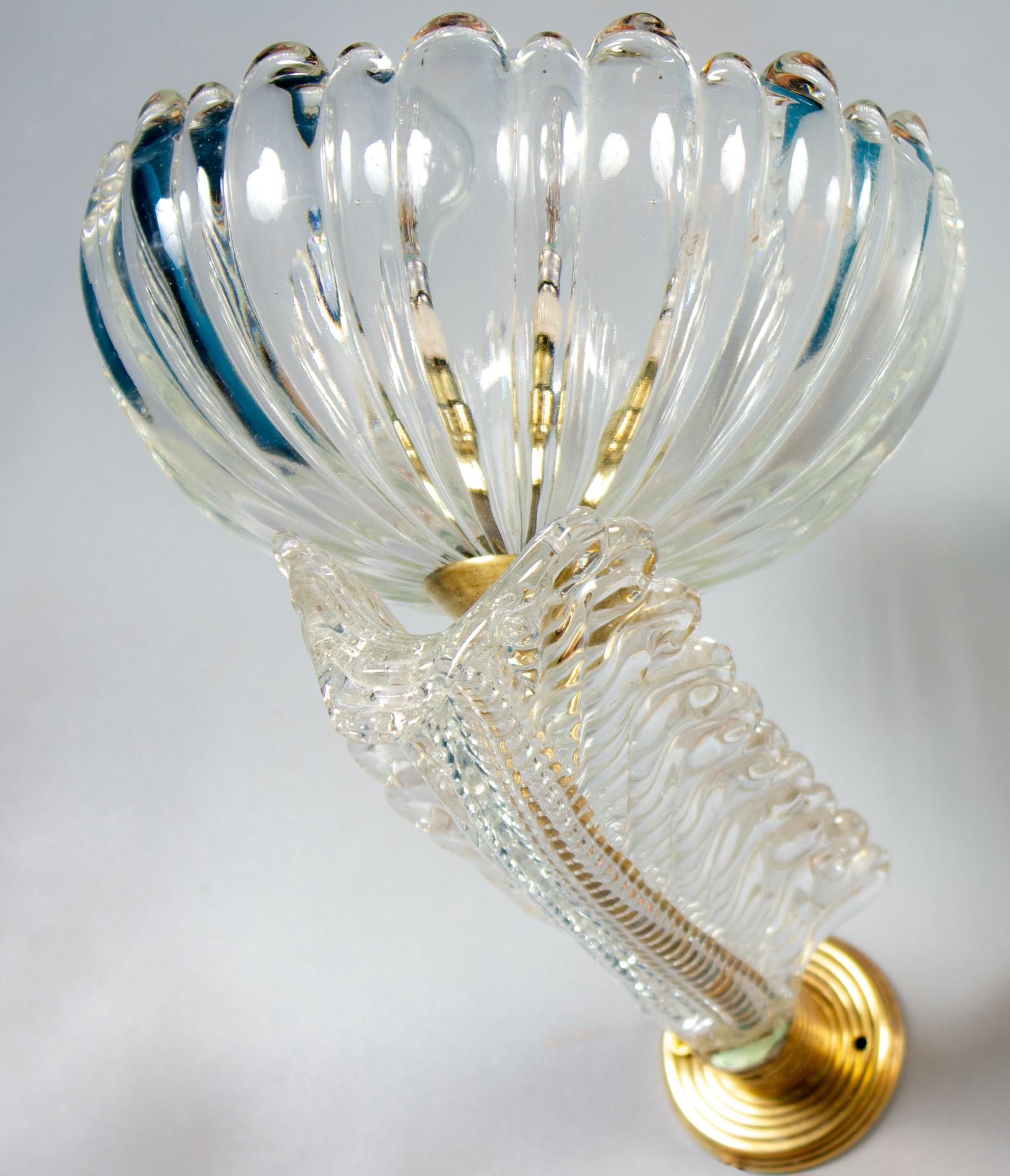 Italian Pair of Barovier Art Deco Brass Mounted Murano Glass Sconces, 1940 For Sale