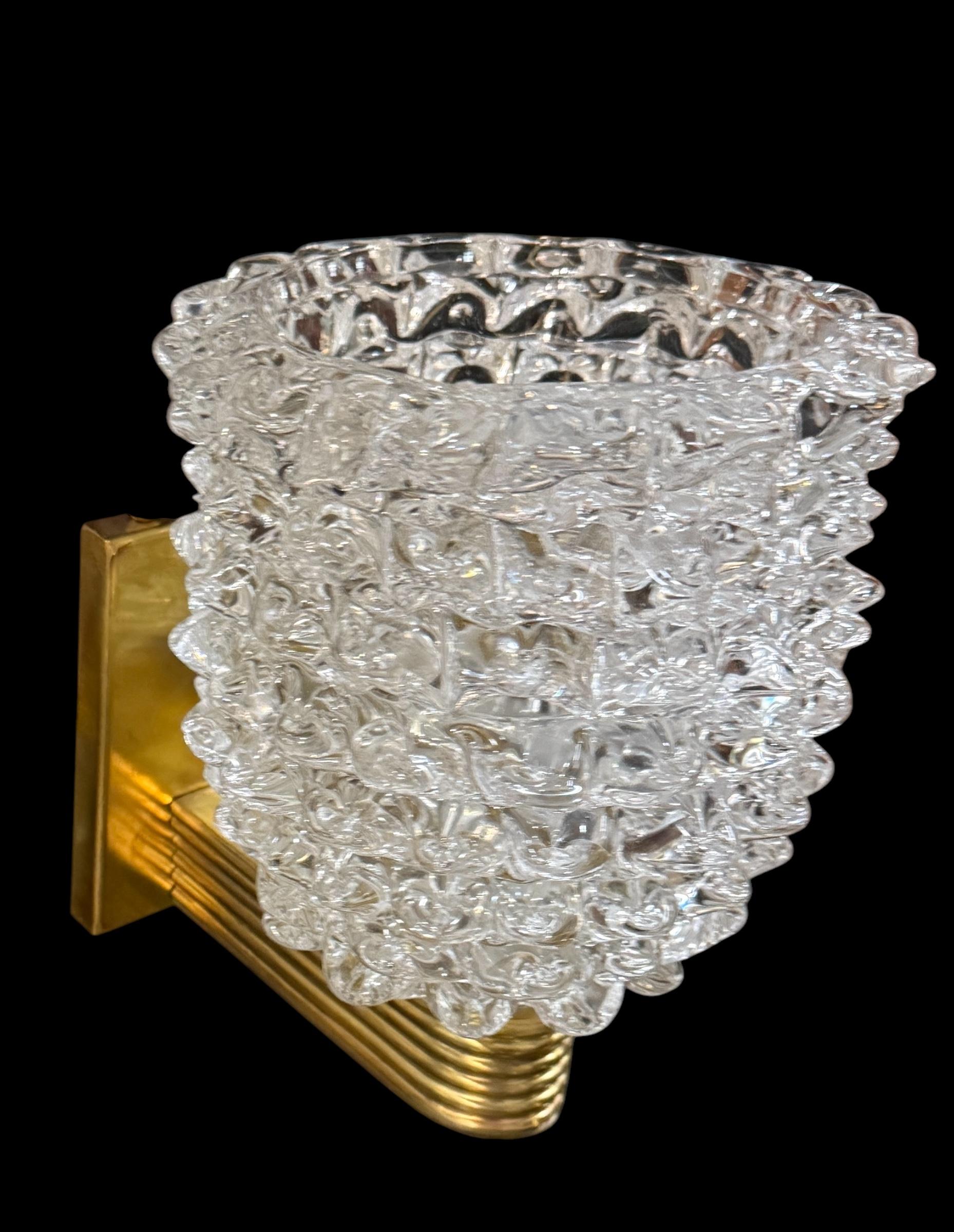 Paar Barovier Art Deco Rostrato Messing montiert Murano Glas Wandleuchter 1940' im Zustand „Hervorragend“ in Rome, IT