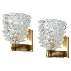 Pair of Barovier Art Deco Rostrato Brass Mounted Murano Glass Sconces 1940'