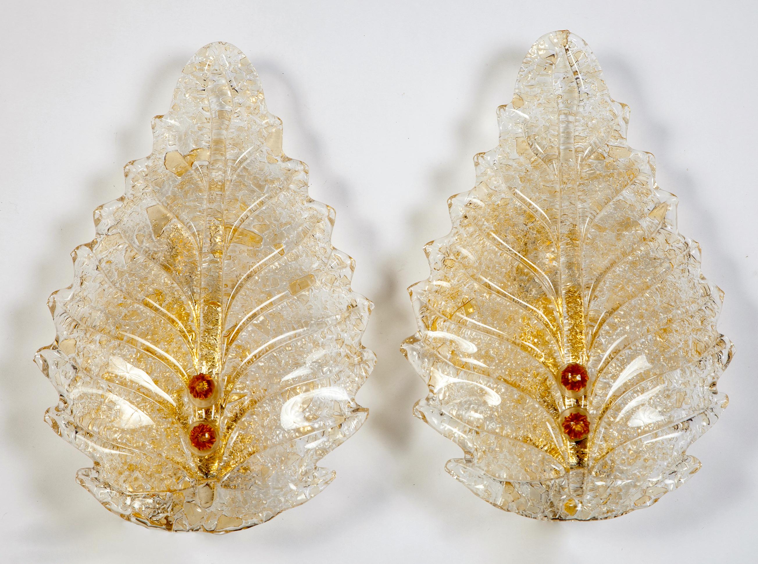 Mid-Century Modern Pair of Barovier e Toso Gold  Leave Wall lights or Sconces 1970 For Sale