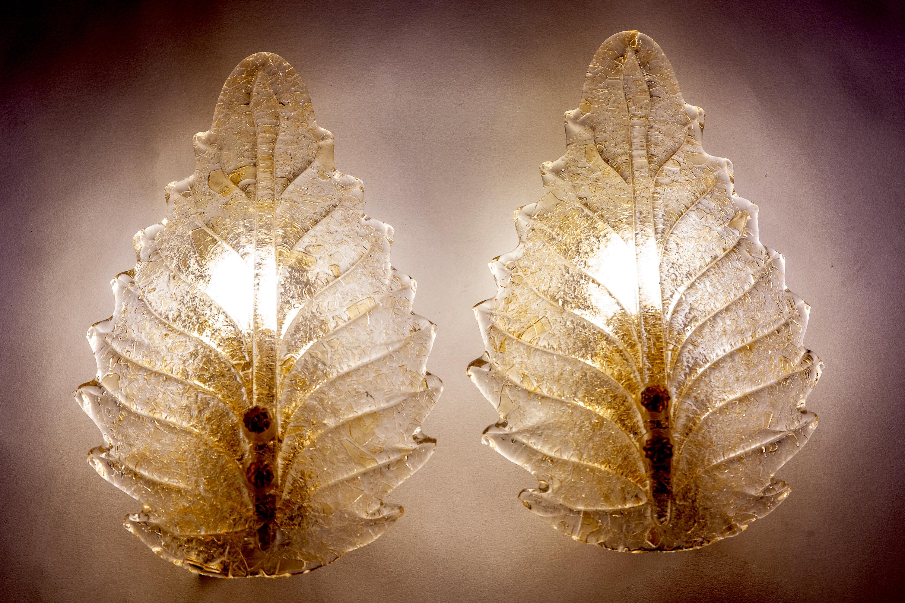 Italian Pair of Barovier e Toso Gold  Leave Wall lights or Sconces 1970 For Sale