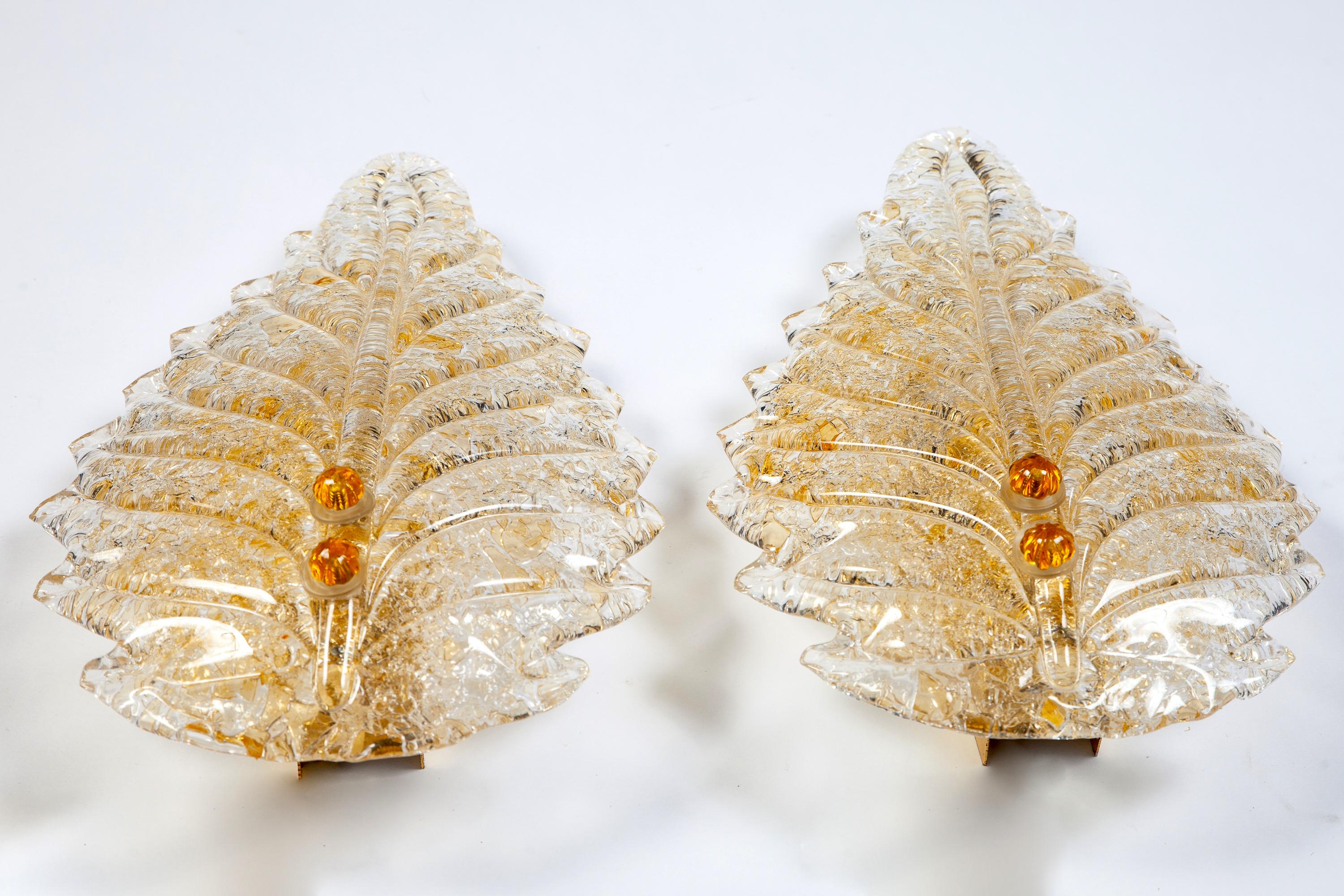 Blown Glass Pair of Barovier e Toso Gold  Leave Wall lights or Sconces 1970 For Sale