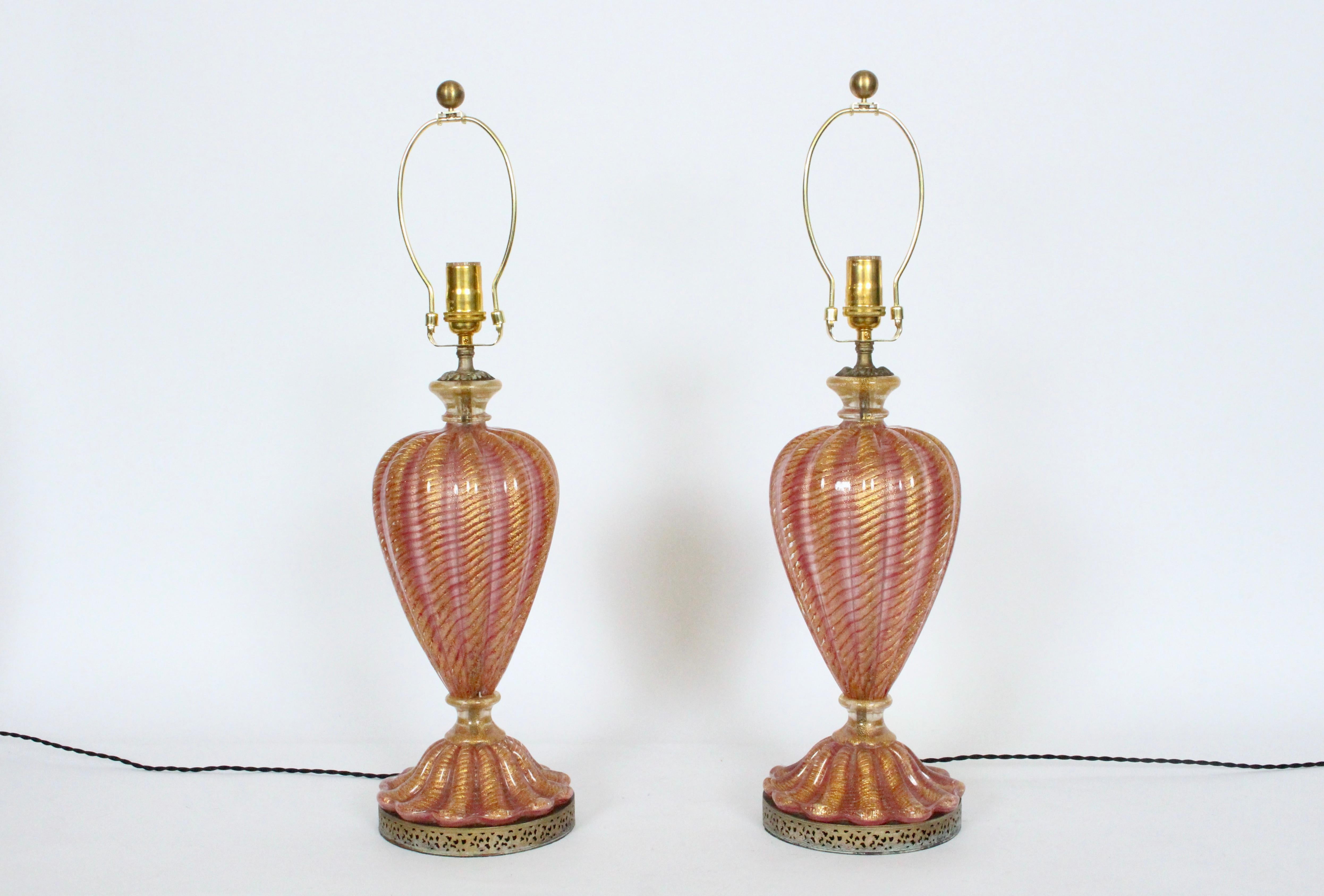 Pair of Barovier e Toso Iridescent Rose Gold Murano Glass Table Lamps, 1950s 12