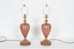 Pair of Barovier e Toso Iridescent Rose Gold Murano Glass Table Lamps, 1950s