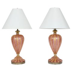 Vintage Pair of Barovier e Toso Iridescent Rose Gold Murano Glass Table Lamps, 1950s