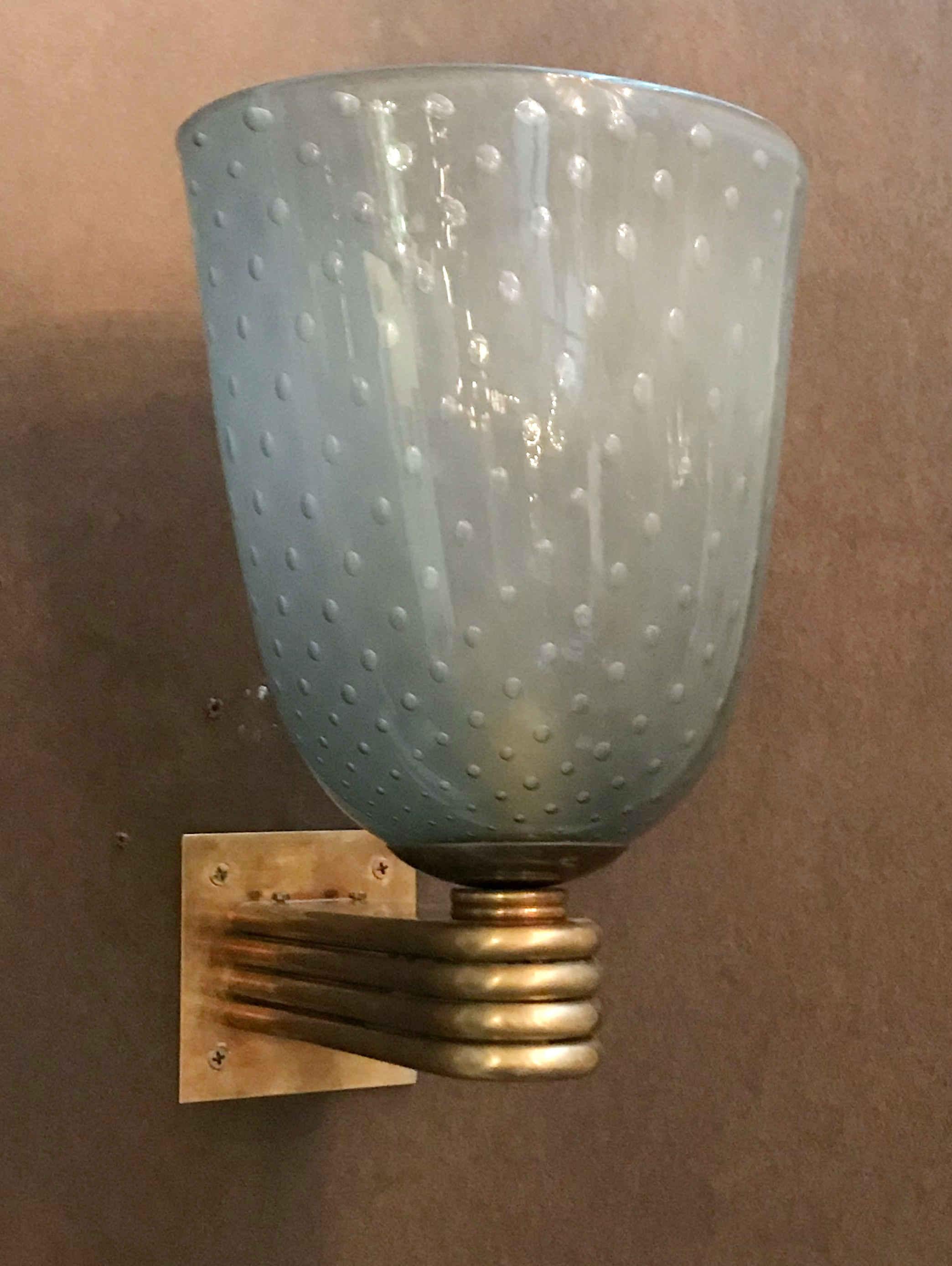 Vintage Italian wall lights with smoked gray Murano glass shades hand blown with bubbles using Bollicine technique and ribbed brass frame / Designed by Barovier e Toso, circa 1950s / Made in Italy / Original mark on the back plate'
1 light / E26 or