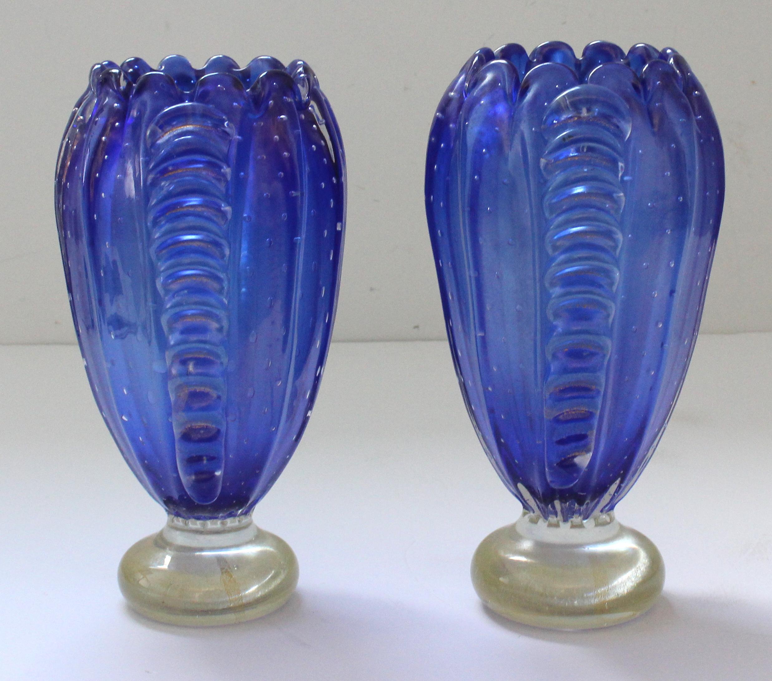 Art Deco Pair of Barovier et Toso Blue Vases