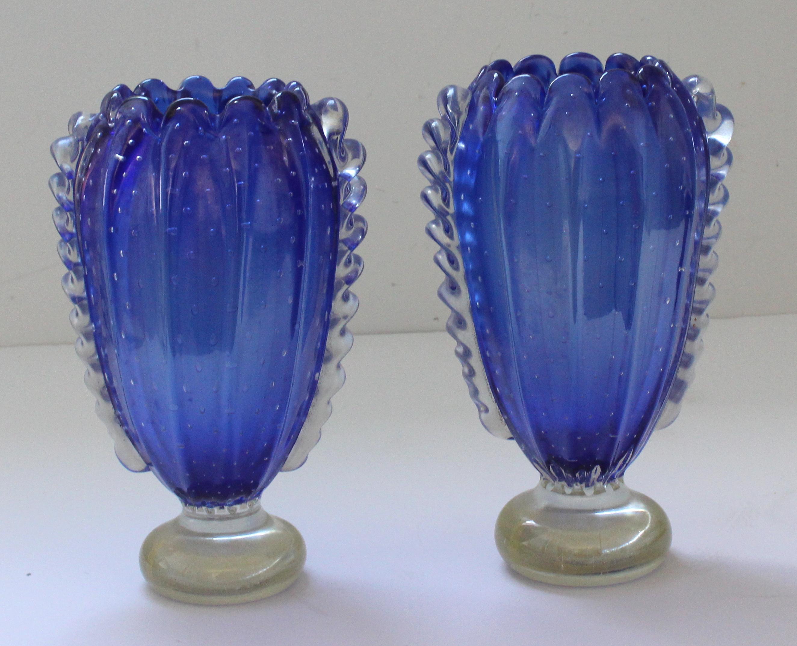 Italian Pair of Barovier et Toso Blue Vases