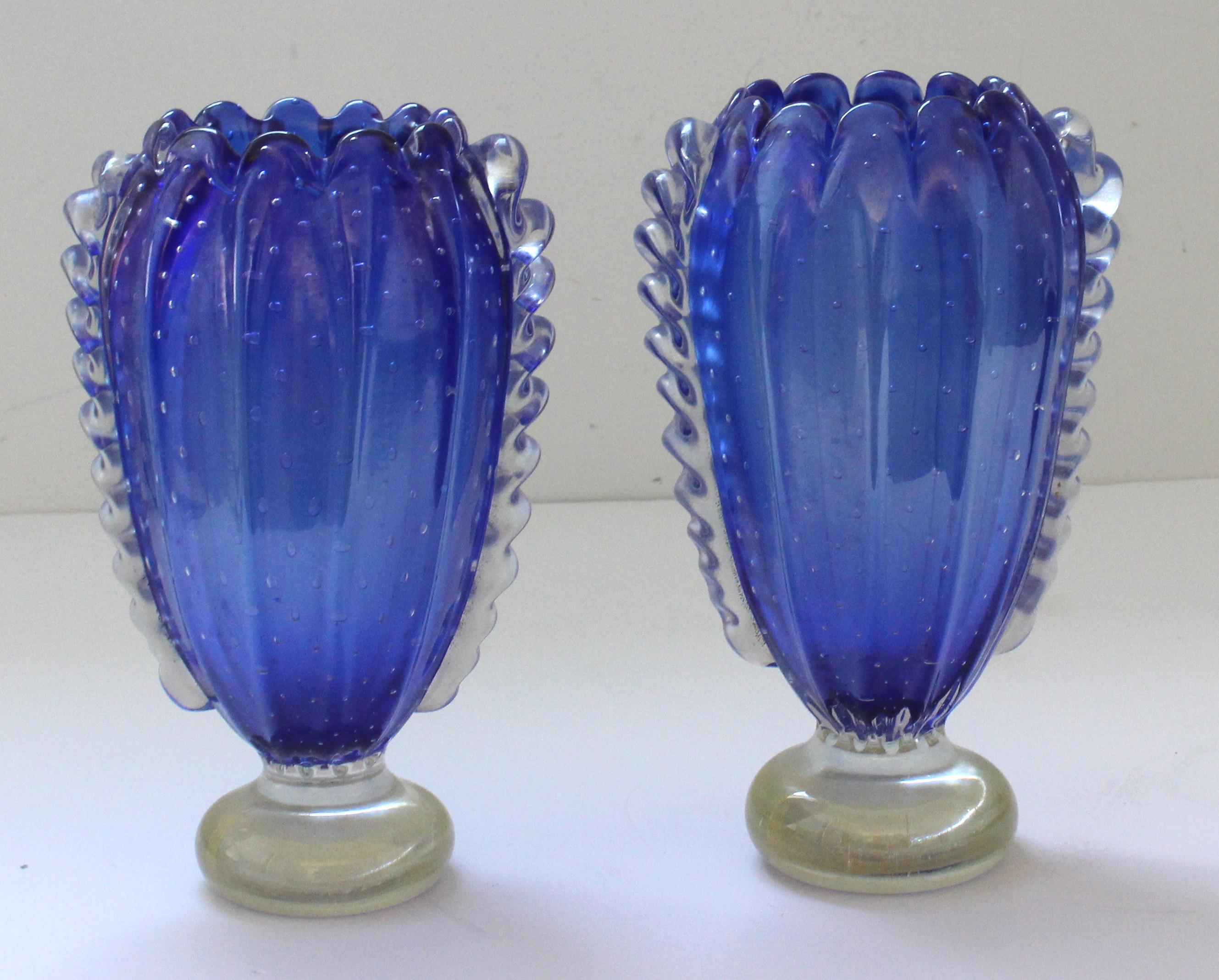 Hand-Crafted Pair of Barovier et Toso Blue Vases