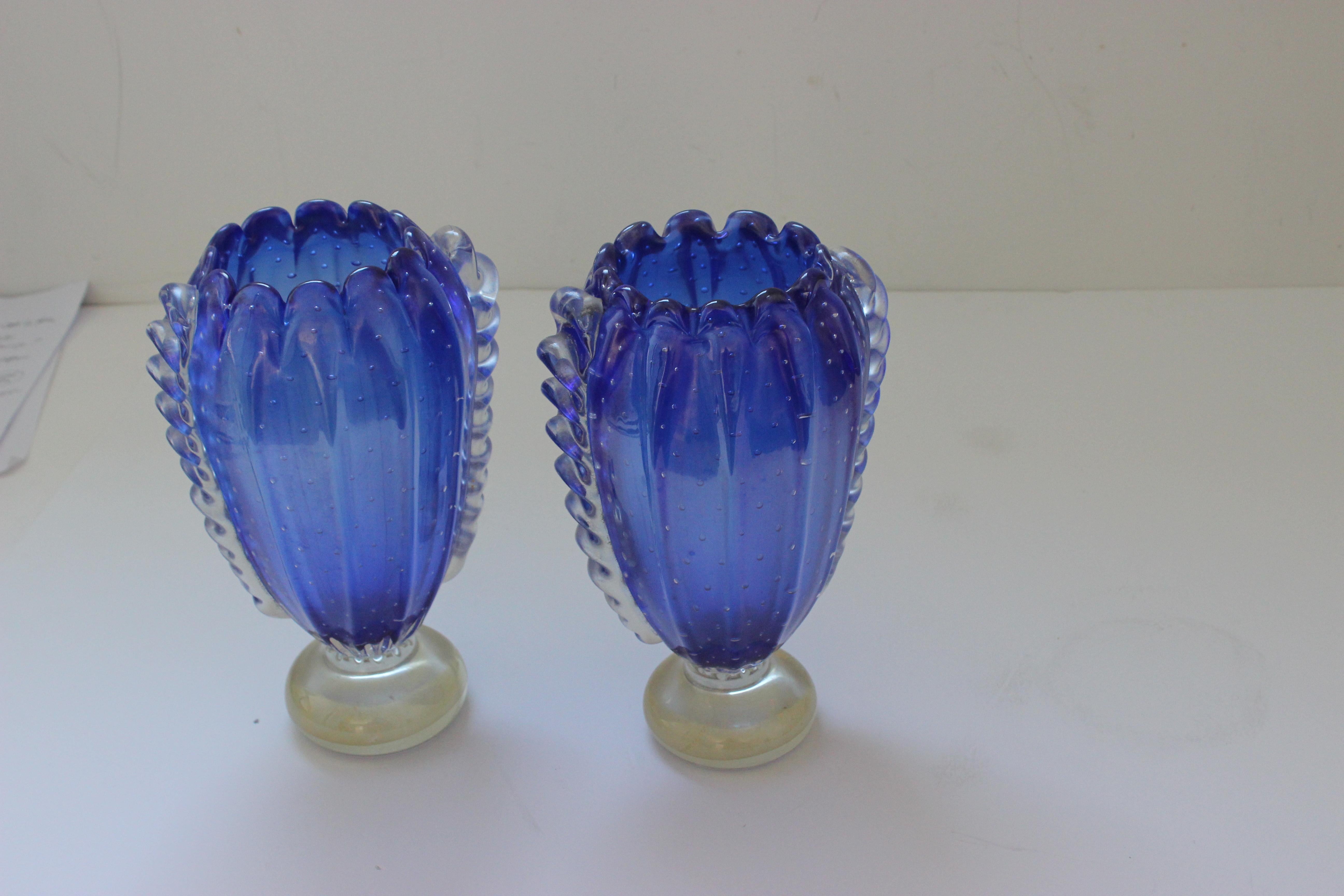 20th Century Pair of Barovier et Toso Blue Vases