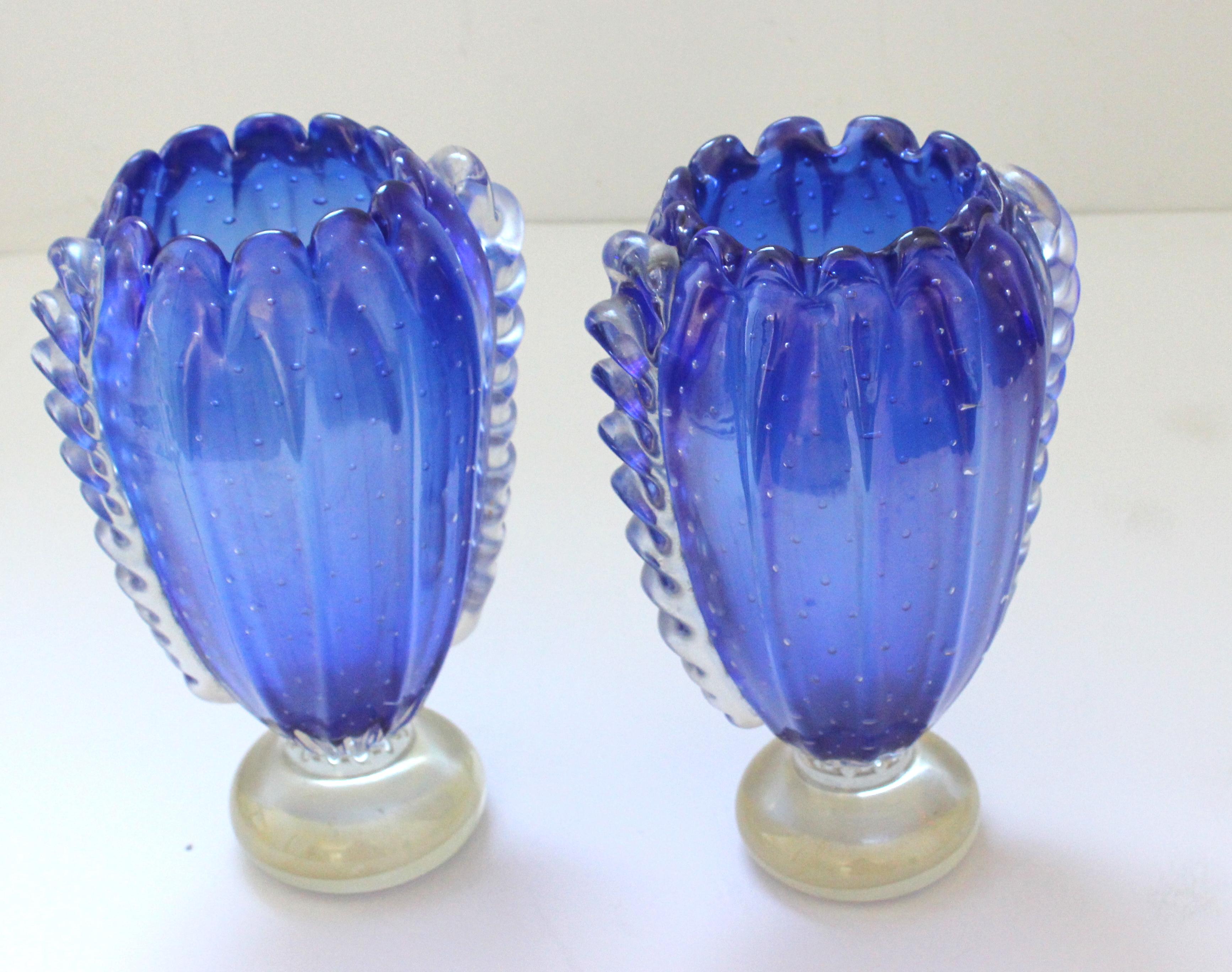 Murano Glass Pair of Barovier et Toso Blue Vases