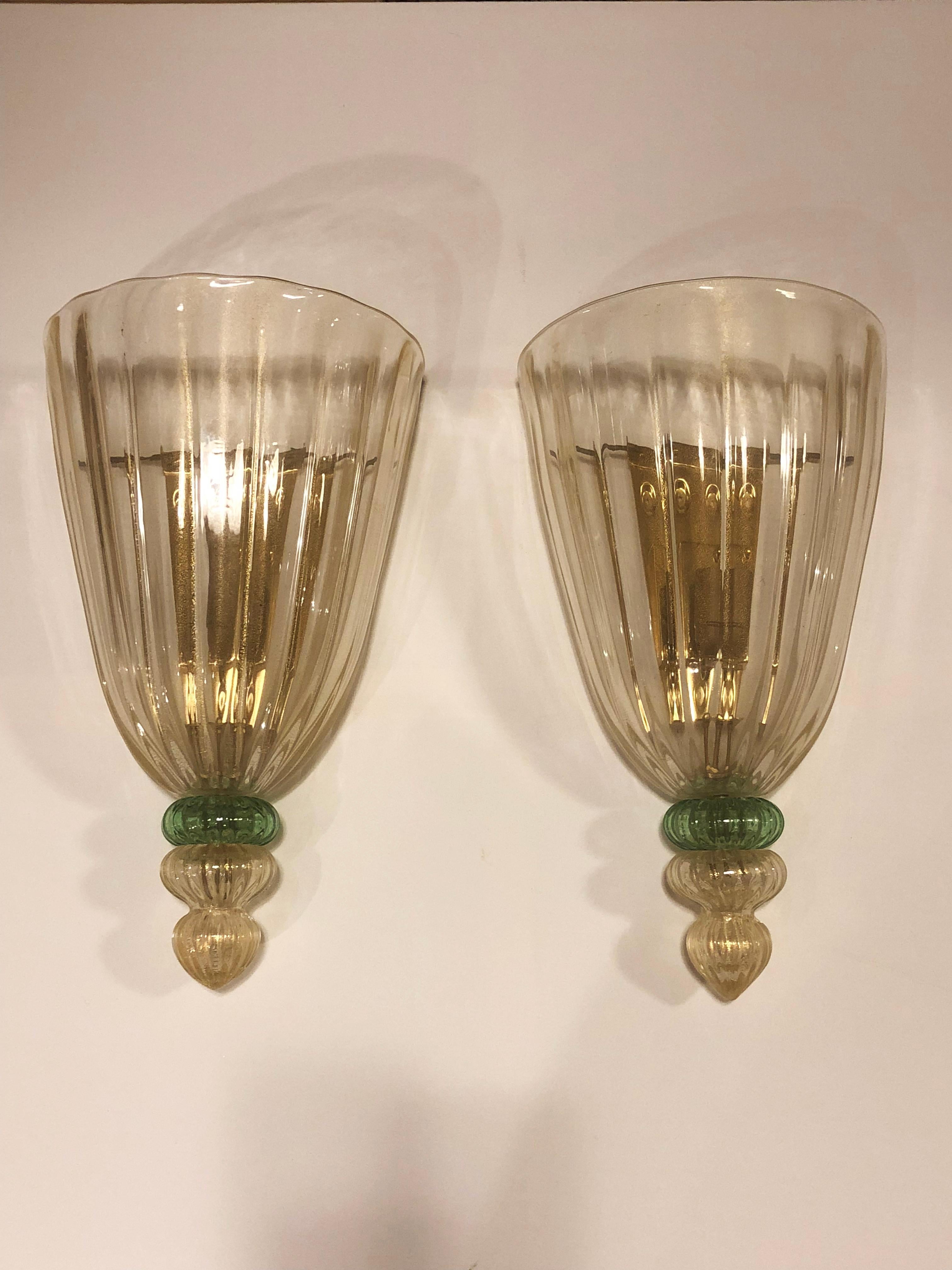 Pair of Barovier Fluted Glass Sconces In Excellent Condition For Sale In New York, NY