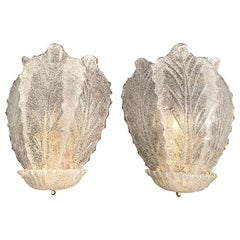Pair of Barovier Large 1960s Murano Glass Leaf Sconces with Brass Fittings