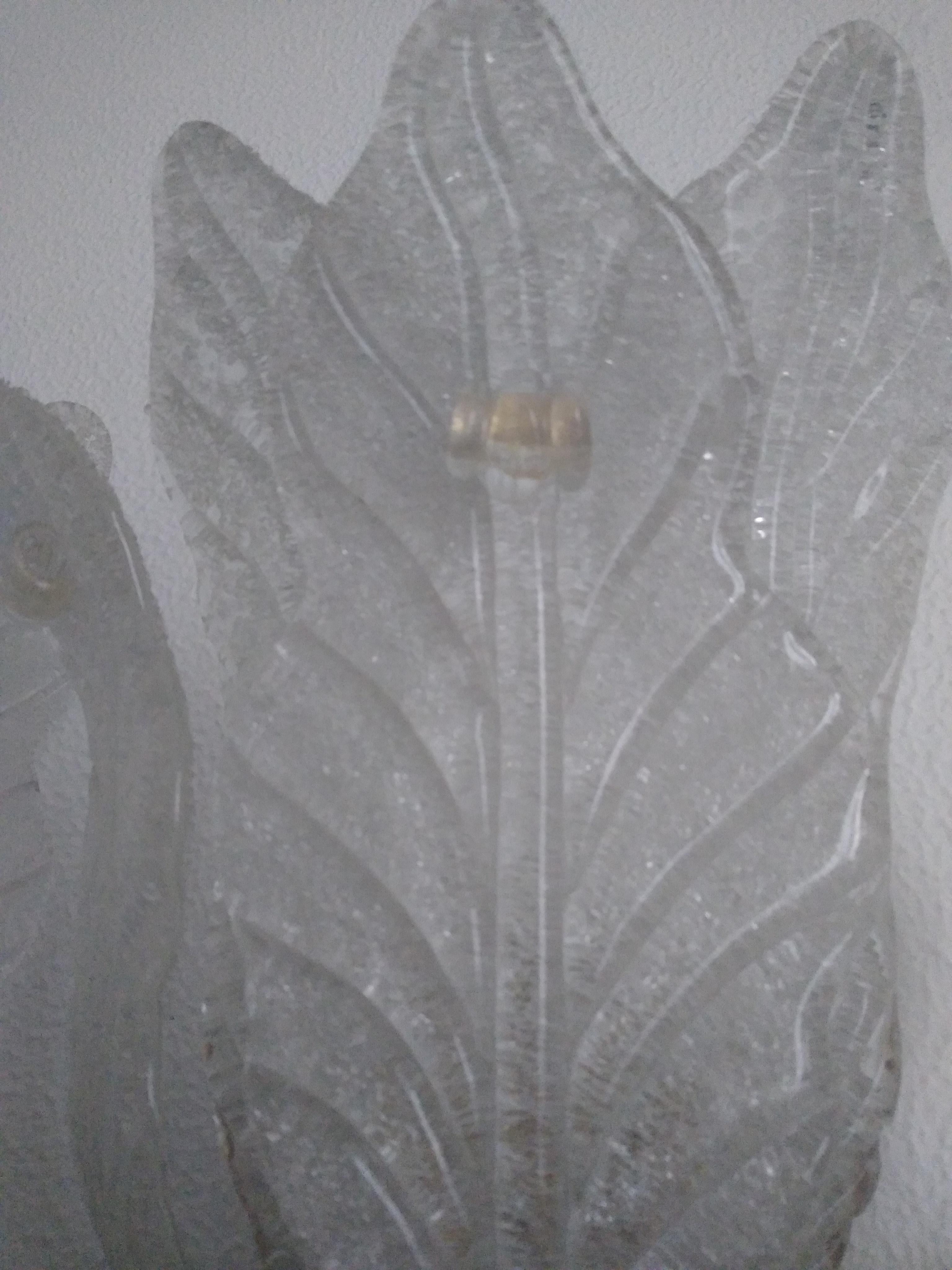 Italian Pair of Barovier Large Murano Glass Leaf  Sconces with Brass Fittings, 1960s For Sale