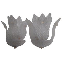 Pareja de grandes hojas de cristal de Murano Barovier  Apliques con herrajes de latón, años 60