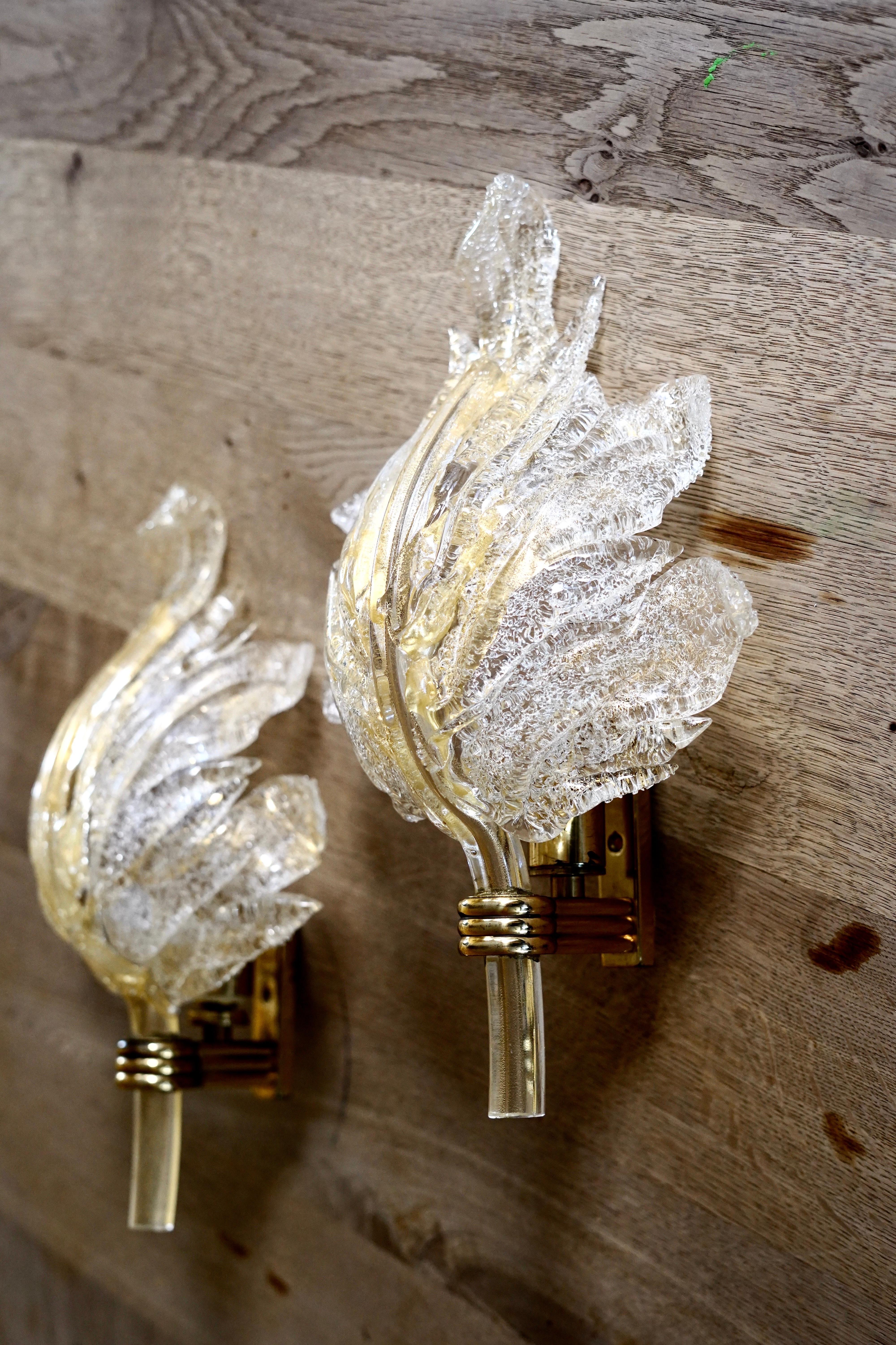 Italian Pair of Barovier leaf gold, leaf shaped sconces brass, Italy 1950 For Sale