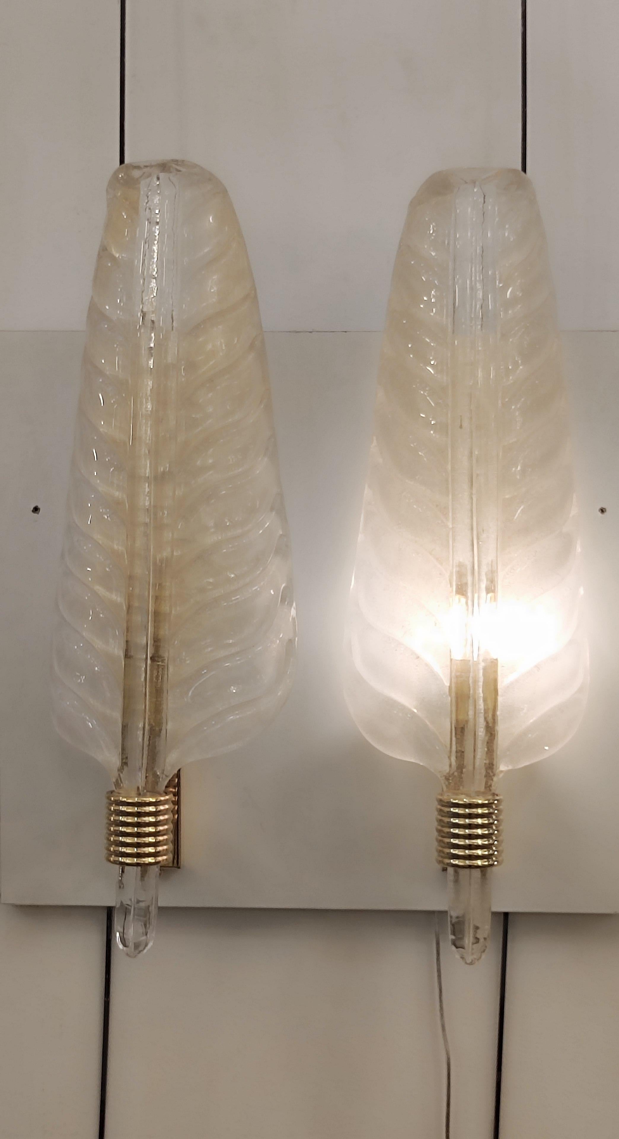 Brass Pair of Barovier Murano Glass Leaves Sconces  For Sale
