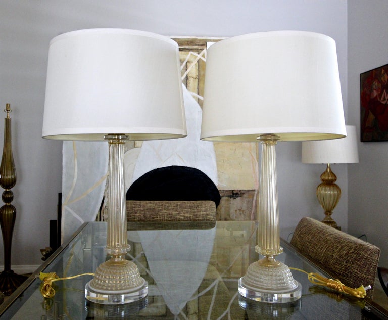 Pair of Barovier Murano Gold White Column Table Lamps For Sale 9