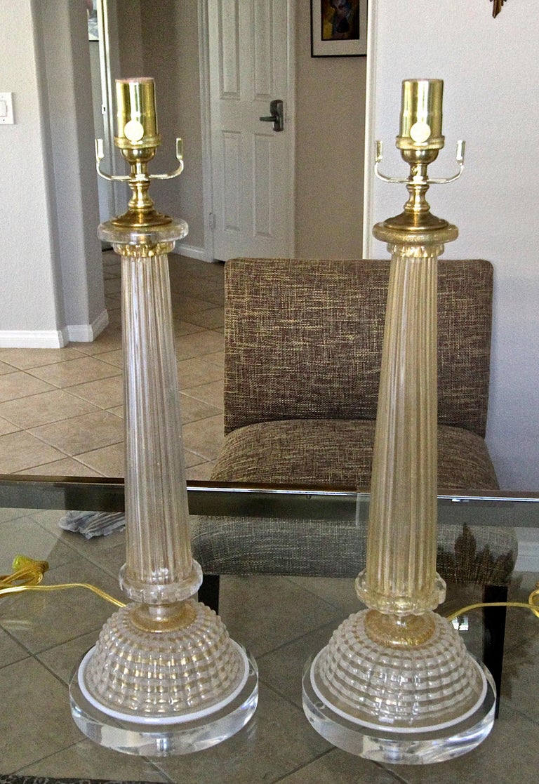 Italian Pair of Barovier Murano Gold White Column Table Lamps For Sale