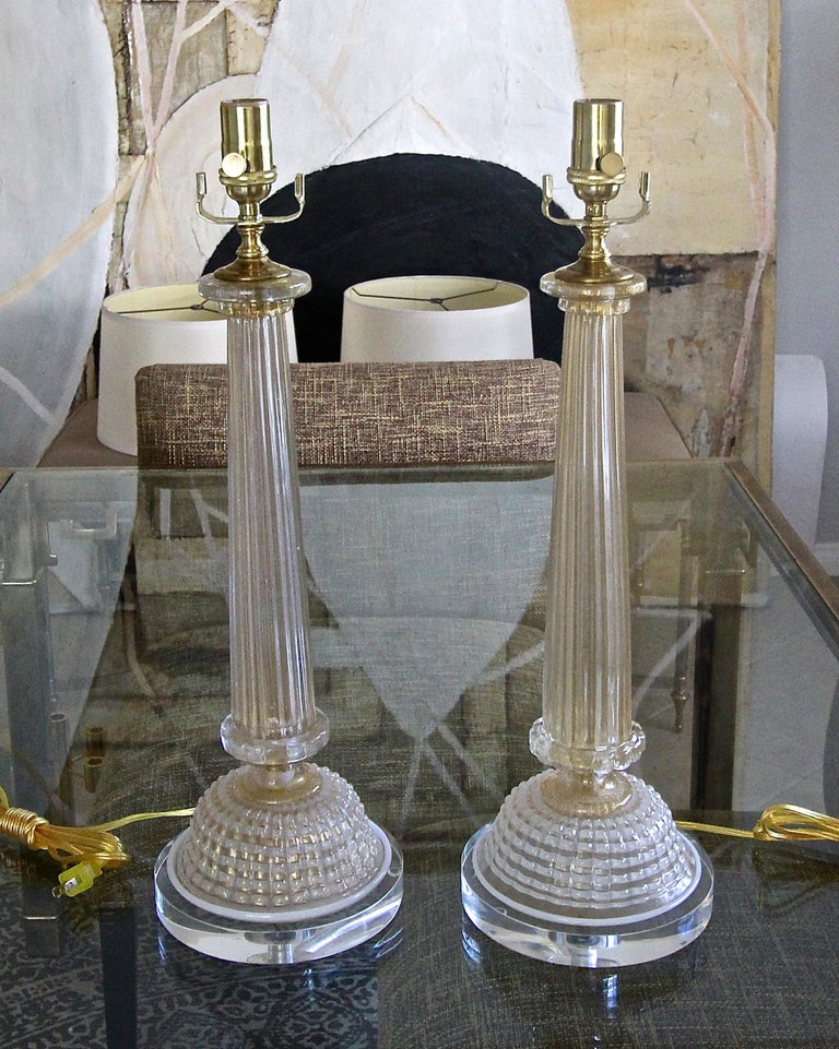 Brass Pair of Barovier Murano Gold White Column Table Lamps For Sale
