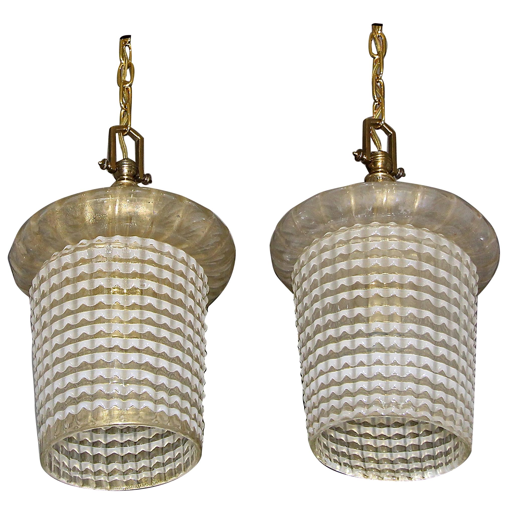 Pair of Barovier Murano Gold White Lantern Pendant Ceiling Lights